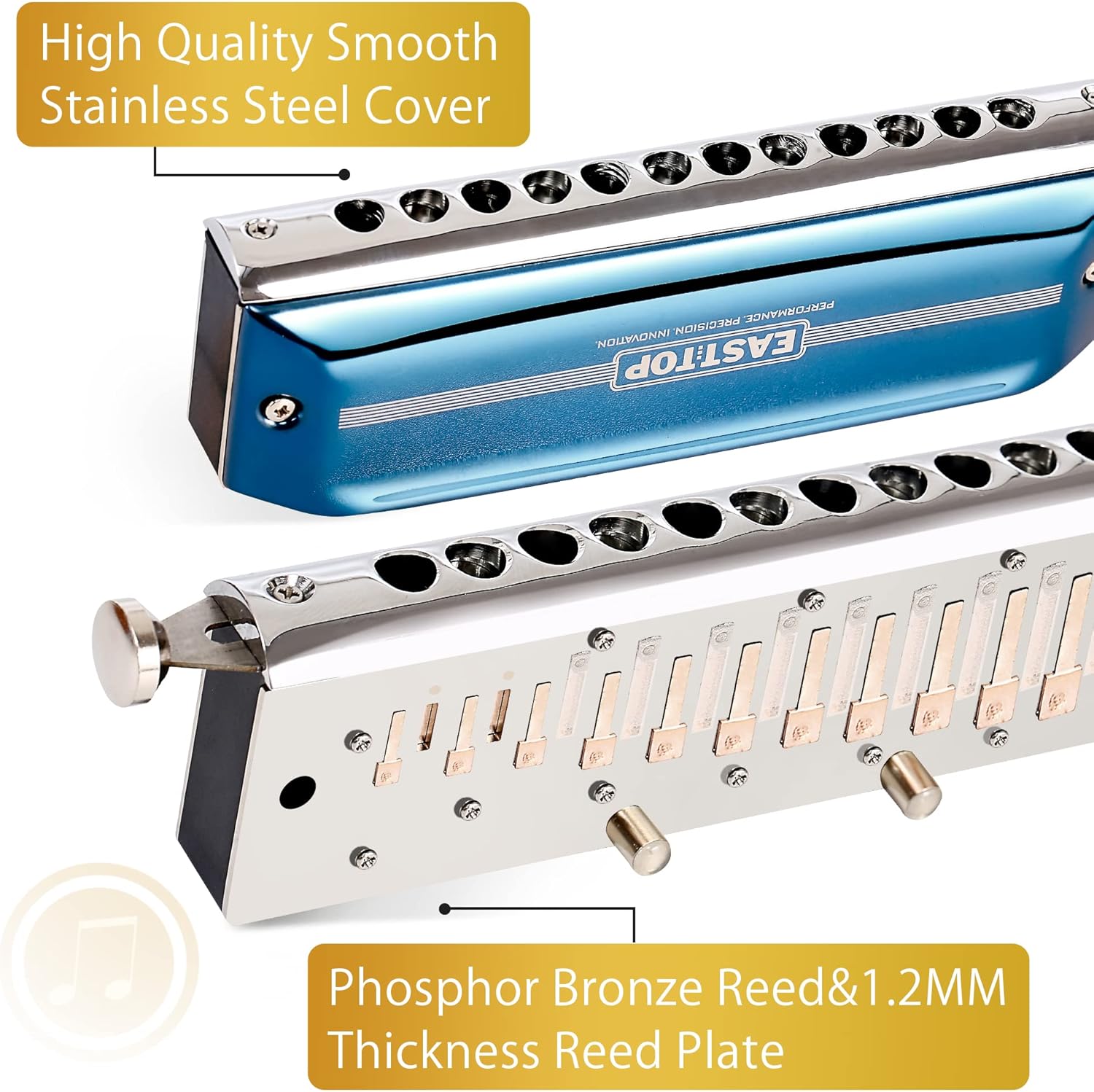 East top Chromatic Harmonica, 12-Hole 48-Tone Key of C, ABS Comb, Phosphor Bronze Reed, Blue Cover (EAP-12)