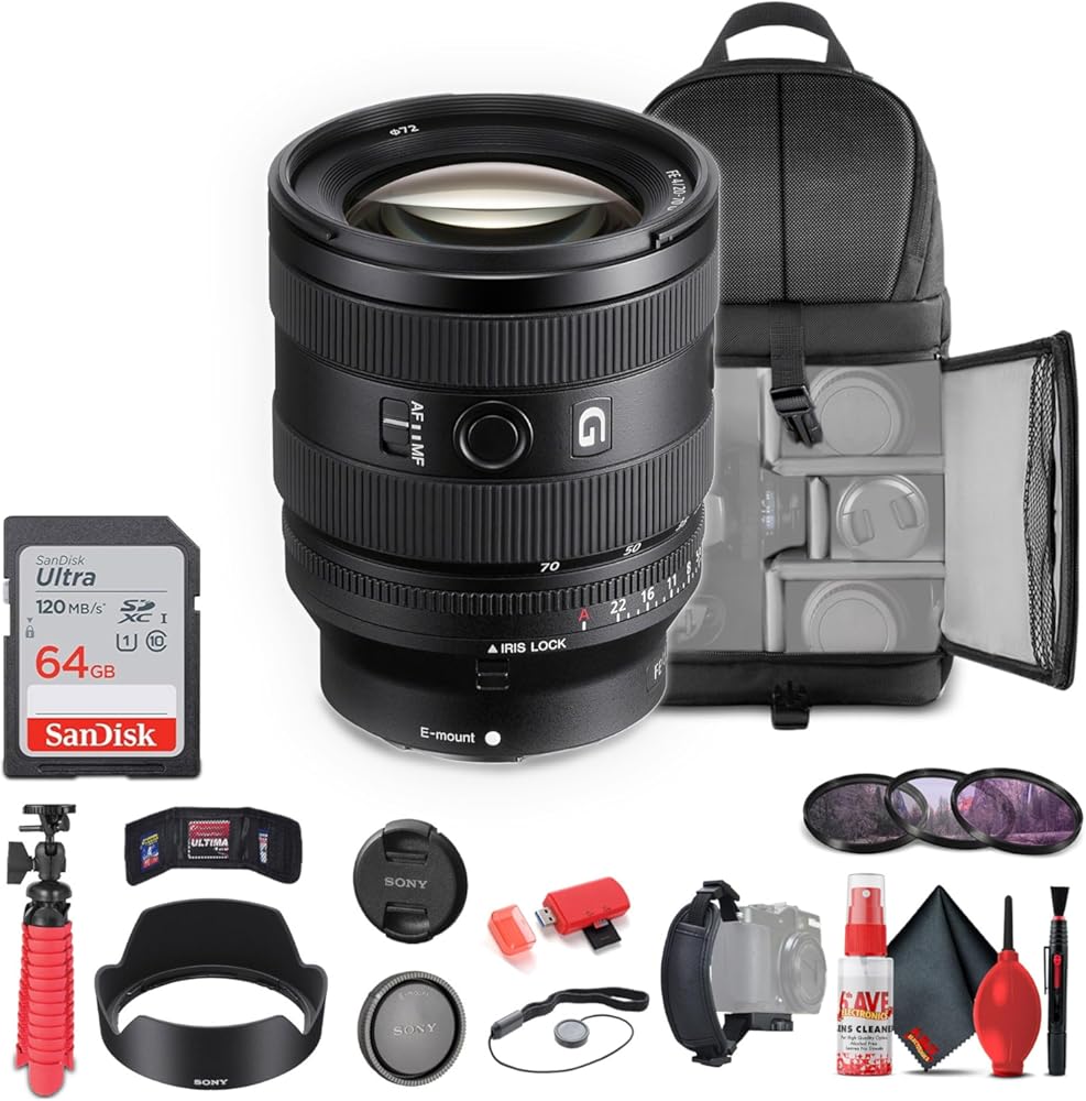Sony FE 20-70mm f/4 G Lens (Sony E) (SEL2070G) + 64GB Memory Card + Filter Kit + Backpack + Flexible Tripod + Cap Keeper + Cleaning Kit + Memory Card Wallet + Card Reader + Hand Grip Strap (Renewed)