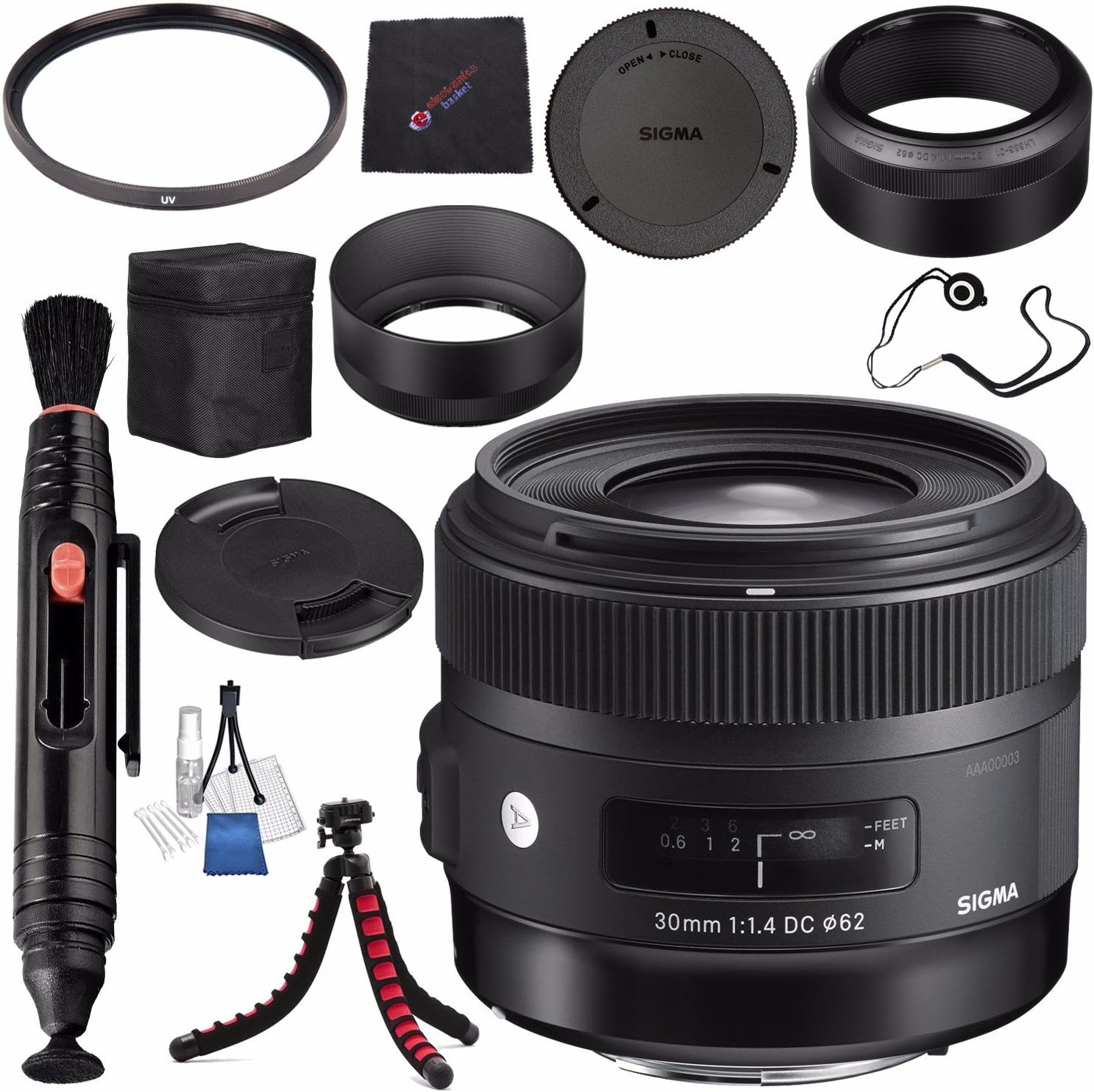 Sigma 30mm f/1.4 DC HSM Art Lens for Canon #301101 + Lens Pen Cleaner + Microfiber Cleaning Cloth + Lens Capkeeper + Deluxe Cleaning Kit + Flexible Tripod Bundle (International Model No Warranty)