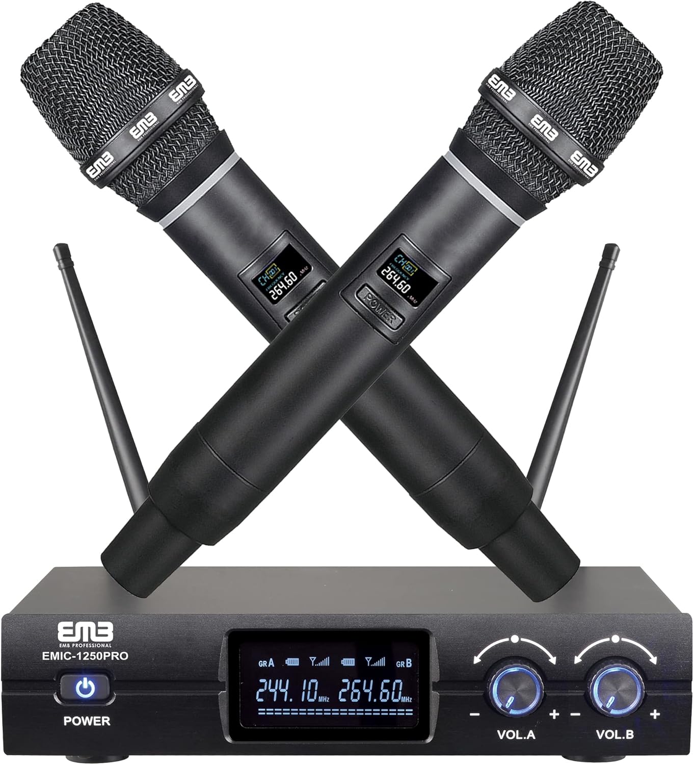 EMB EMIC1250PRO Dual VHF Wireless Handheld Microphone System w/Rechargeable Receiver - Great for Any Occasion Such as Karaoke, DJ, Wedding, Church, Classroom, Stage, Business and Outdoor