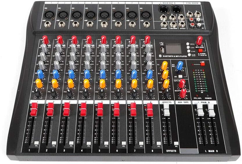 Professional 8 Channel Mixing Console Audio Mixer Bluetooth Digital USB MP3 Input 48V Phantom Power Stereo DJ Studio Audio Sound Mixer Console AC 110V