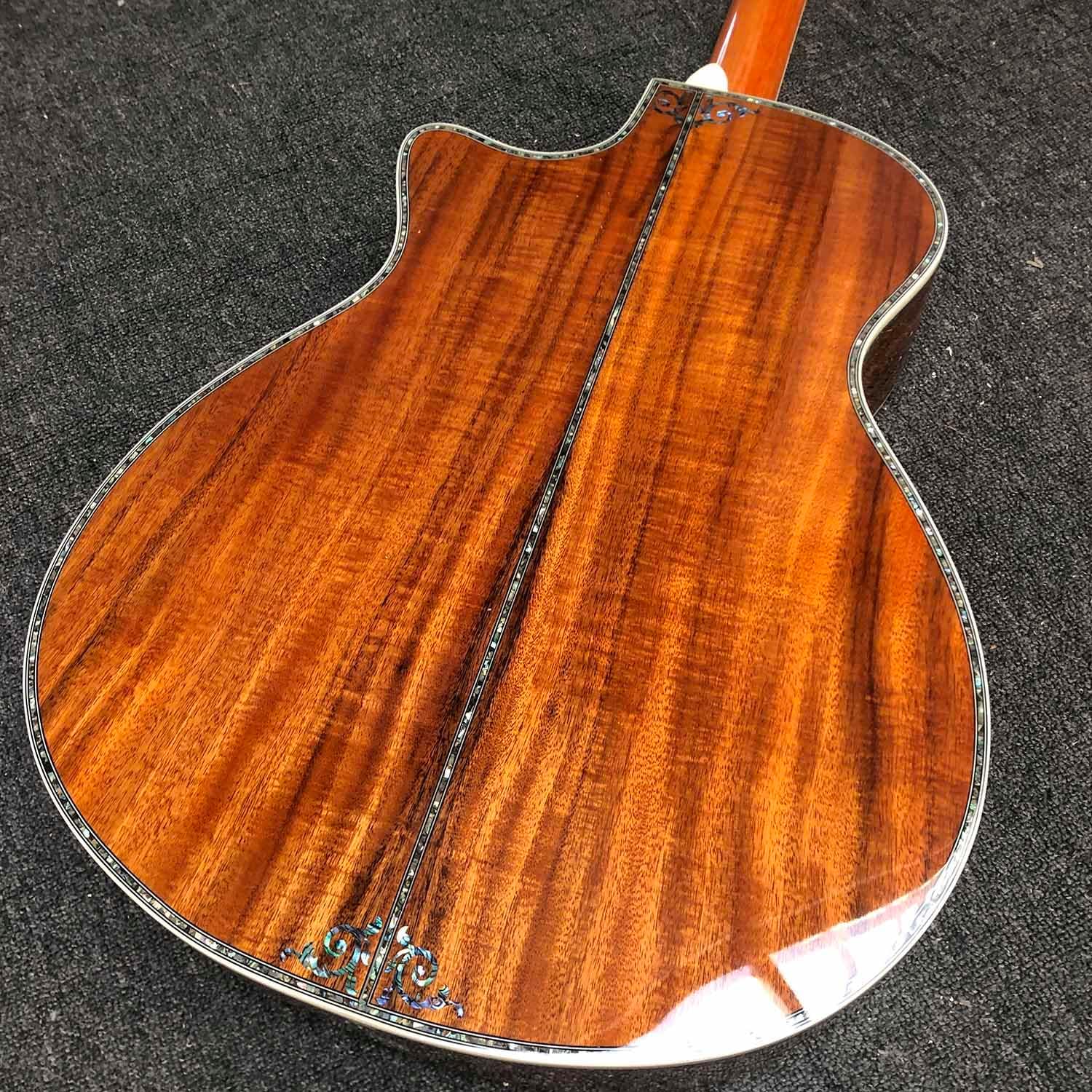 40 Inch OM Type Solid KOA Wood Top Cutaway Acoustic Guitar Ebony Fingerboard Abalone Inlays 43mm Nut Width with Double B1G Soundhole Pickup