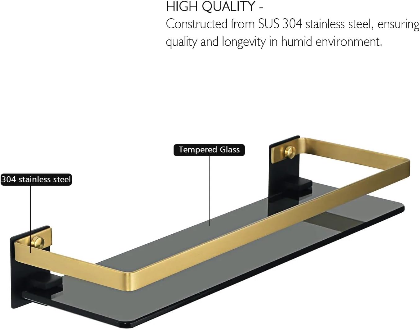 Shower Caddy Bathroom Shelves Organizer, Glass Shelf Wall Mount Rail Bathroom Shelf, 304 Stainless Steel Bathroom Accessories Bathroom Organizer (Color : 38cm Silver)