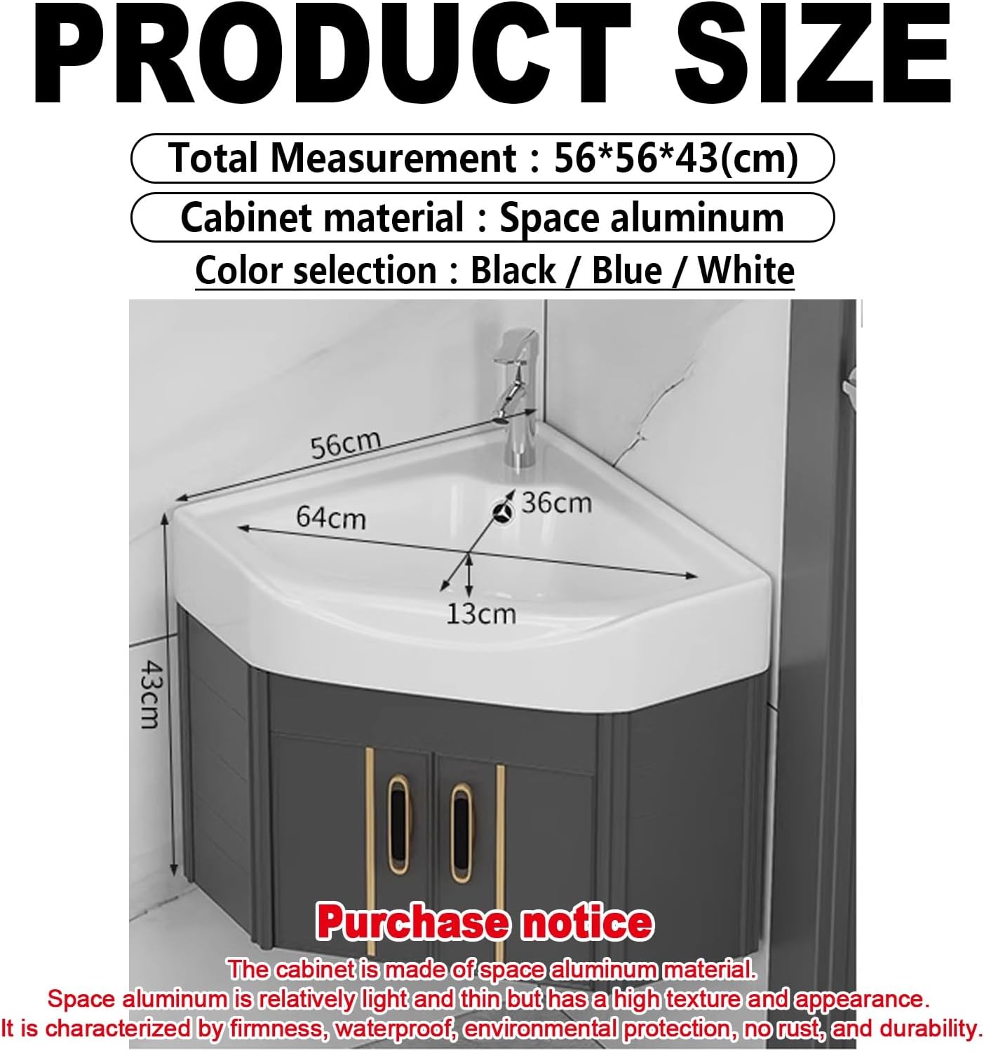 Ceramic Small Space Wall Mounted Cabinet Set,Corner Bathroom Vanity cabinets,Bathroom Cabinet with Faucet and Drain,for Home Kitchen Patio Laundry Room.(Color:Black,Size:56 * 56cm)