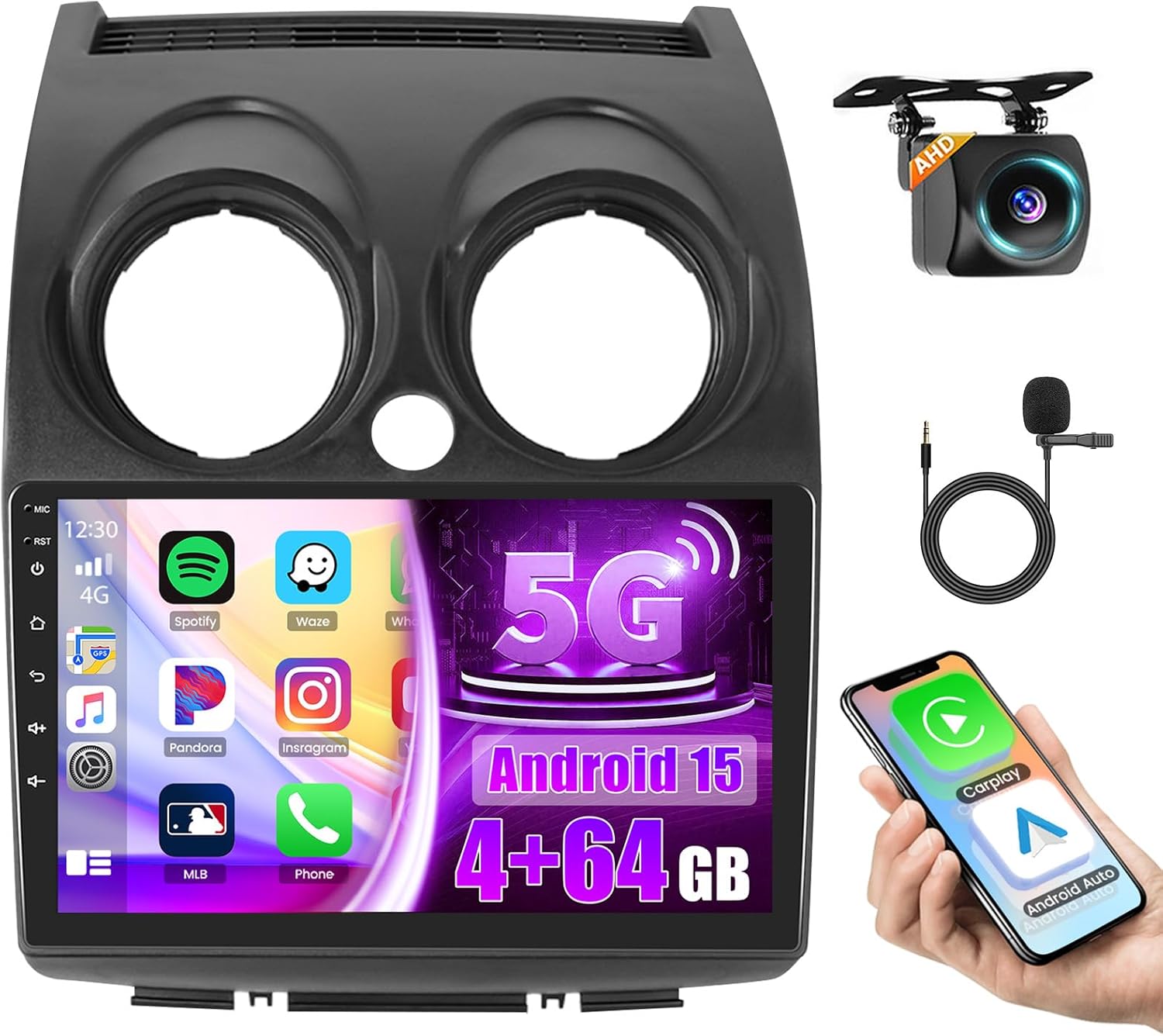 Hikity 4+64G for Nissan Rogue Sport Qashqai 2008-2013 Android Car Stereo, 9 Inch Touchscreen Radio with Carplay/Android Auto/GPS Navigation/WiFi/DSP/Bluetooth+AHD Backup Camera