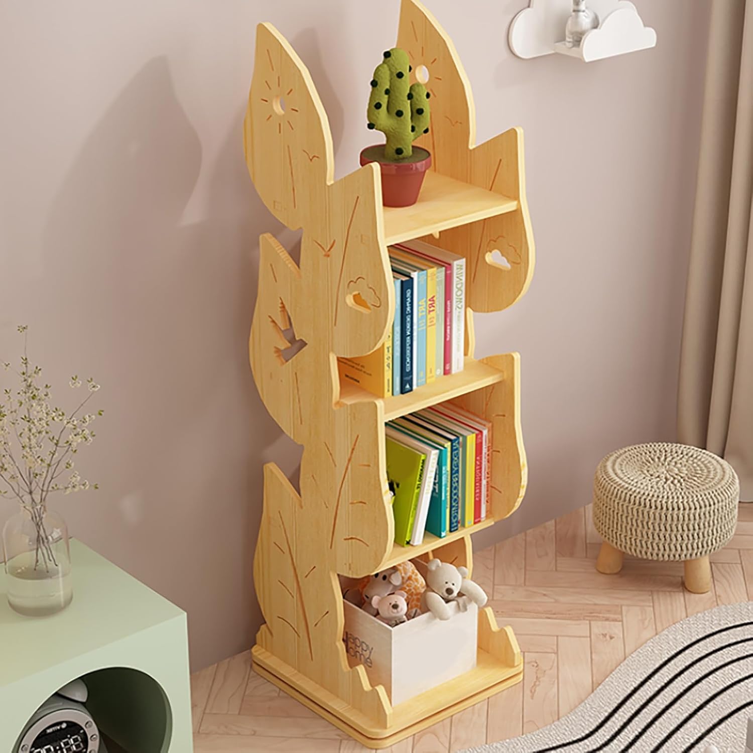 Kids Rotating Bookshelf 4-Tier Small Book Shelf, Corner Kids Bookcase 360° Display Spinning Bookshelf Tower, Narrow Storage Shelves for Small Space Bedroom