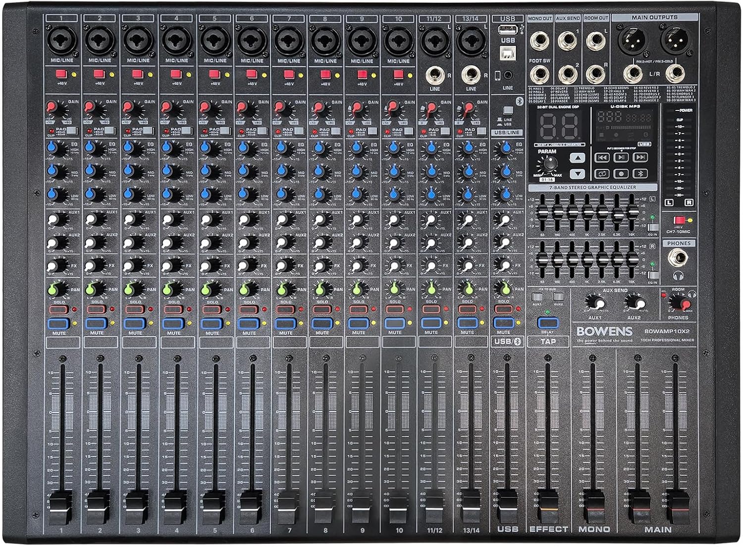 BOWENS PRO 6000W 15-Channel Powered Mixer | Professional Audio Mixer with Dual Class-D 650W RMS Amplifiers, 99 DSP Effects, USB Recording & Playback, Bluetooth 5.0, 3-Band EQ & Compressor