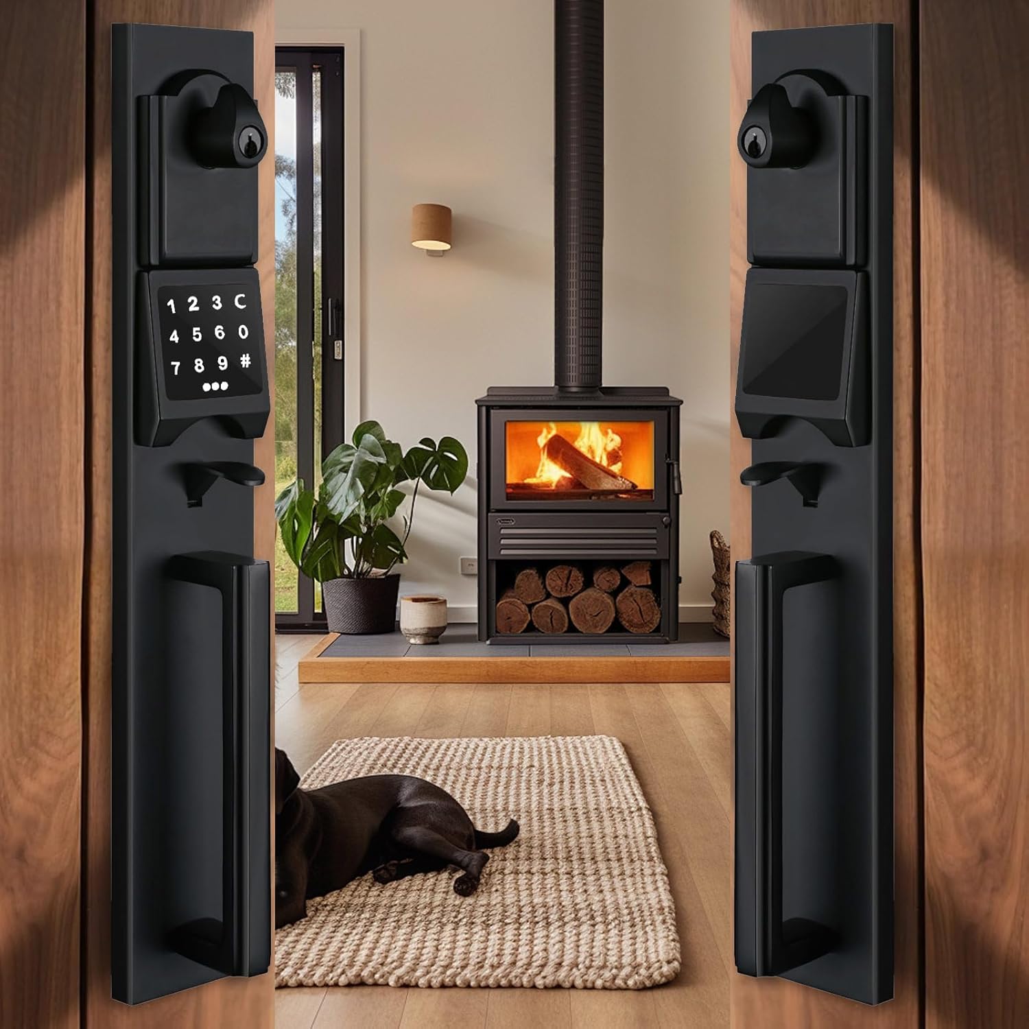 NEWBANG Right-Handed Matte Black Electronic Smart Handleset with Keypad Lock for Double Front Door（Keys Reserved）,MDHST2016DB-E-SET-RH