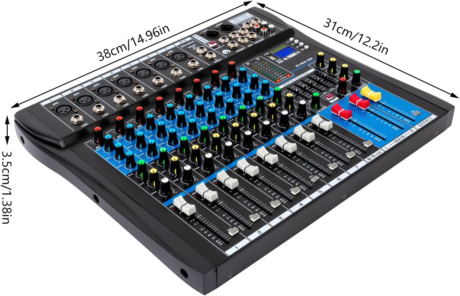 8 Channel Professional Powered Mixer, 48V USB Bluetooth Audio Interface Phantom Power Mixer, Metal Live Mixer Professional DJ Console Mixer Use for Home KTV, Campus Language, Conferences