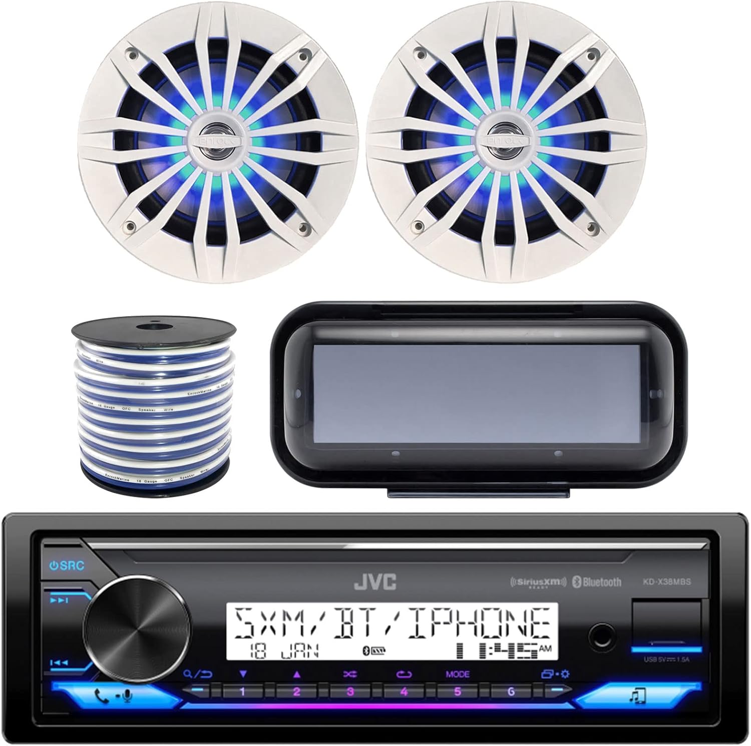 Single DIN in-Dash Marine Boat Bluetooth Radio USB AUX Receiver Bundle Combo with Pair of White Enrock 6.5