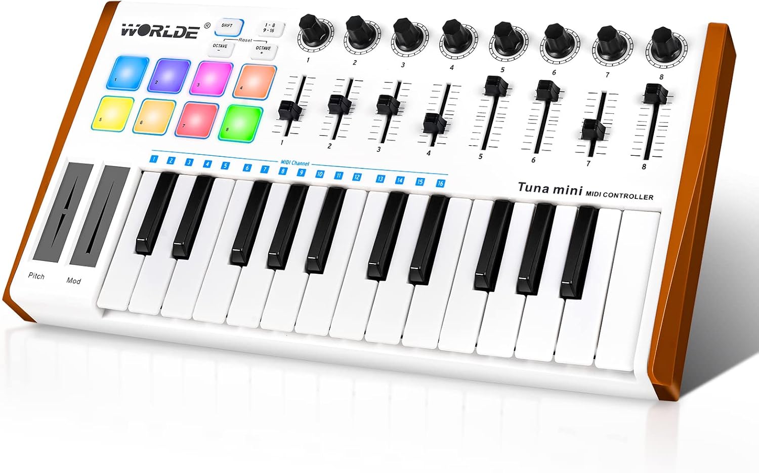 Vangoa Worlde MIDI Keyboard Controller 25 Key, Worlde Tuna Mini USB Portable Beat Maker Machine, Midi Keyboard with Drum Pads for Beginners, 8 Knobs, 8 Faders, Pedal Interface, White