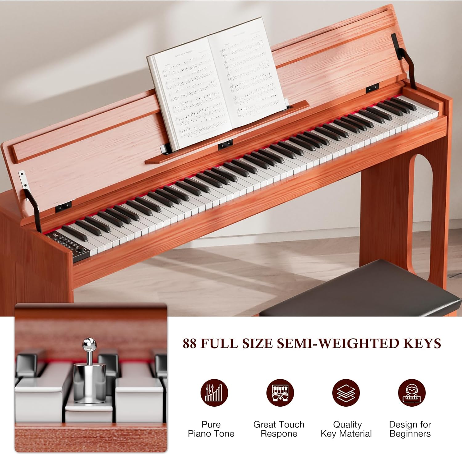 UMOMO U-738 88 Key Digital Piano Keyboard, Full Size Electric Piano with Piano Stand, Headphone Jack, 3 Pedal, Electronic Piano for Beginner, Adults, Brown