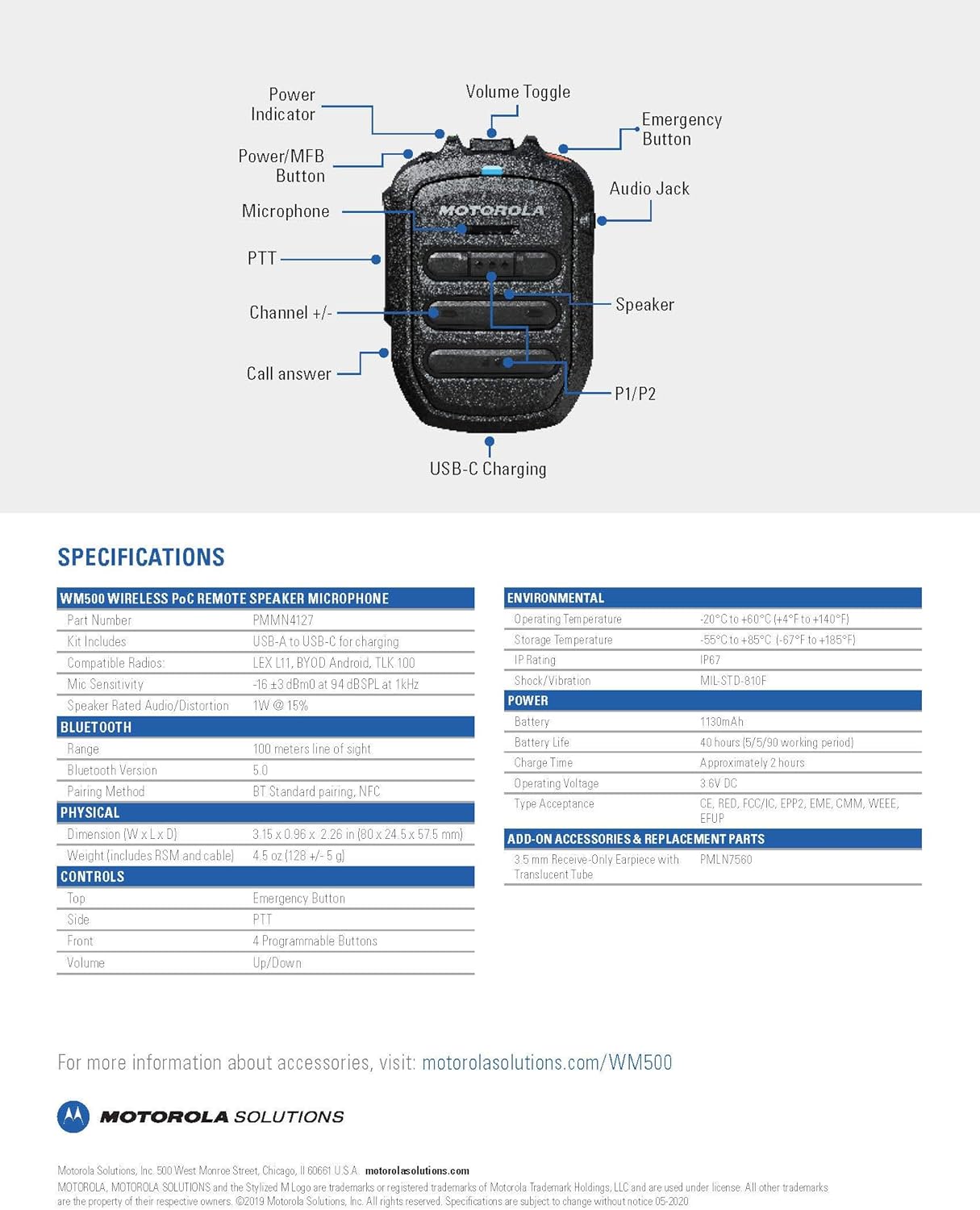 WM500 Bluetooth Remote Speaker Microphone Kit# PMMN4127 which Includes USB Charging Cable - Compatible with TLK100 & TLK150 PoC Two Way Radios - by Motorola Solutions