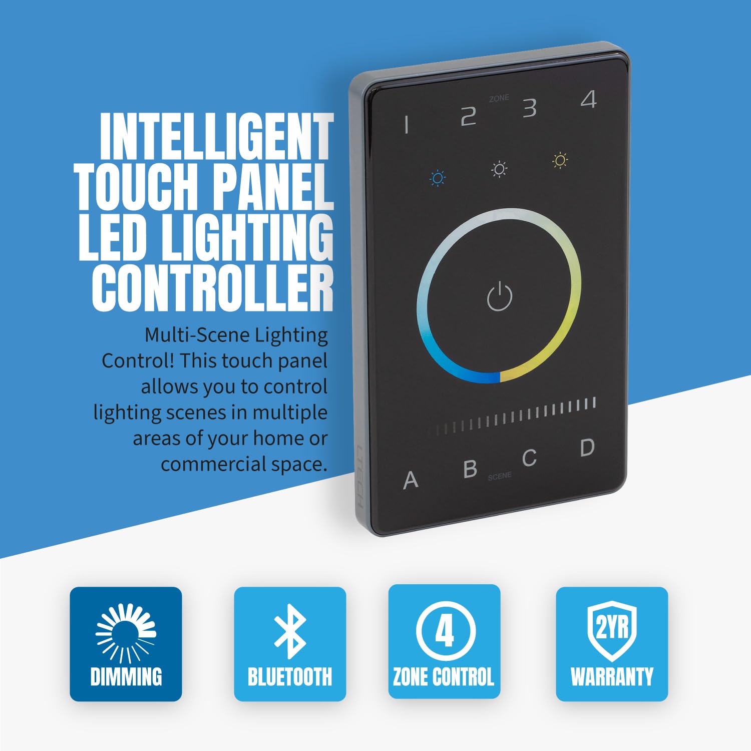 LTech UB2 Tunable White (CCT) DMX & Bluetooth BLE 5.0 Mesh Programmable Touch Panel Wall Mount LED Lighting Controller, 4-Zone & Multi Scene