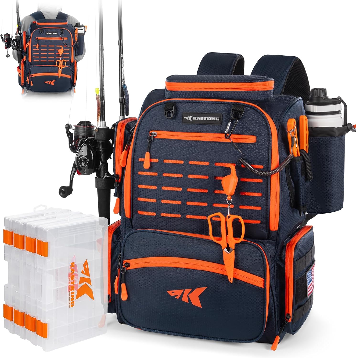 KastKing Bait Boss Fishing Tackle Backpack with Rod Holders-4 Tackle Boxes-Rain Cover,45/43L Large Storage for Fishing Gear