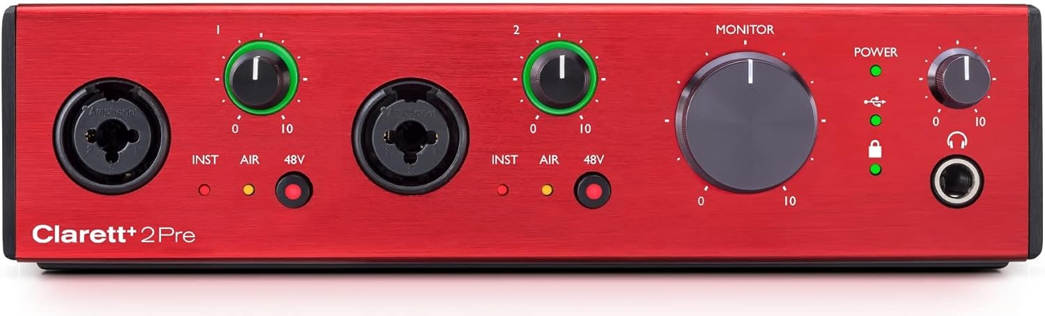 Audiosavings Bundle: Focusrite Clarett+ 2Pre USB-C Audio Recording Interface Bundle with (2) Rockville PRO-M50 SR Studio Headphones+(2) RCM SR Studio/Recording Condenser Microphone (4 Items)