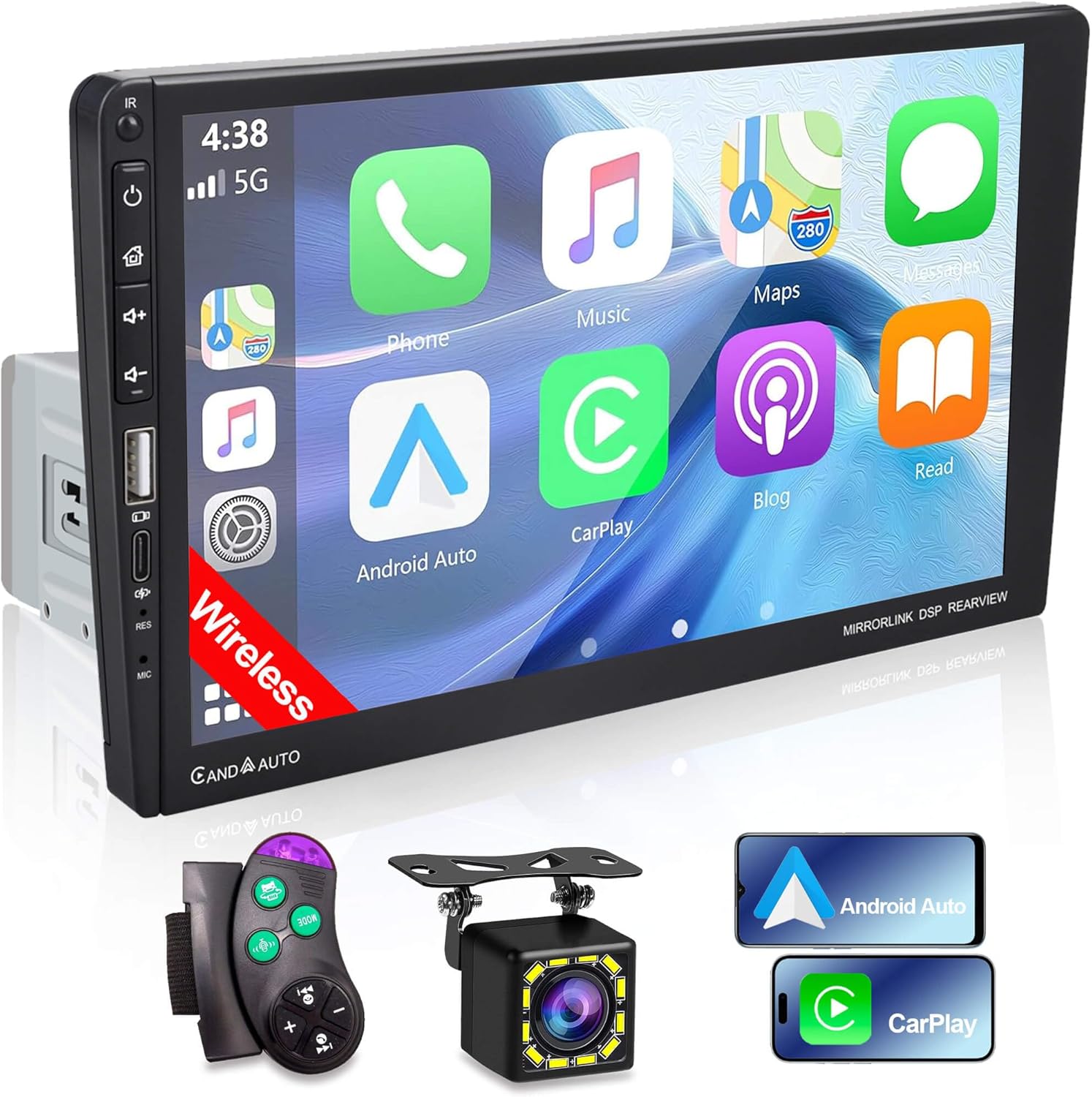 9 Inch Single DIN Car Stereo Radio with Wireless Apple CarPlay Android Auto, IPS 1024x600 Touch Screen, Bluetooth 5.2, FM Car Radio, Backup Camera, USB,Type-C, AUX Input,Online Navigation,One Din