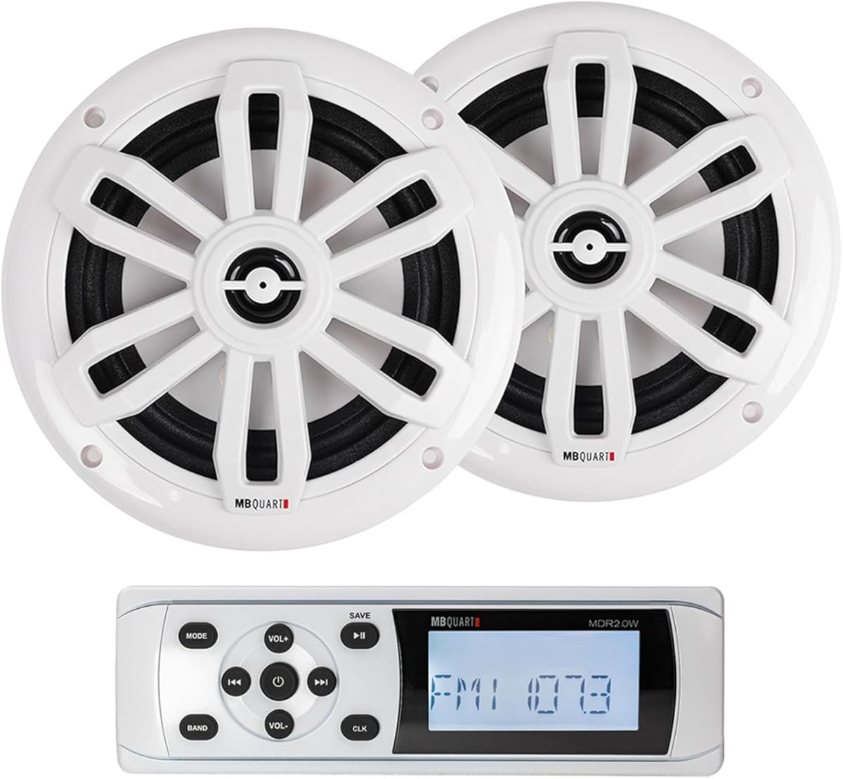 MB Quart MDR2.0W Bundle: Marine Boat AM/FM Bluetooth Receiver with USB/RCA Input, (2) NF1-116SW 6.5-Inch 80-Watt Peak/40-Watt RMS Ultra Slim 2-Way White Waterproof Speakers, IPX5/IPX67 Rated, 3-Items