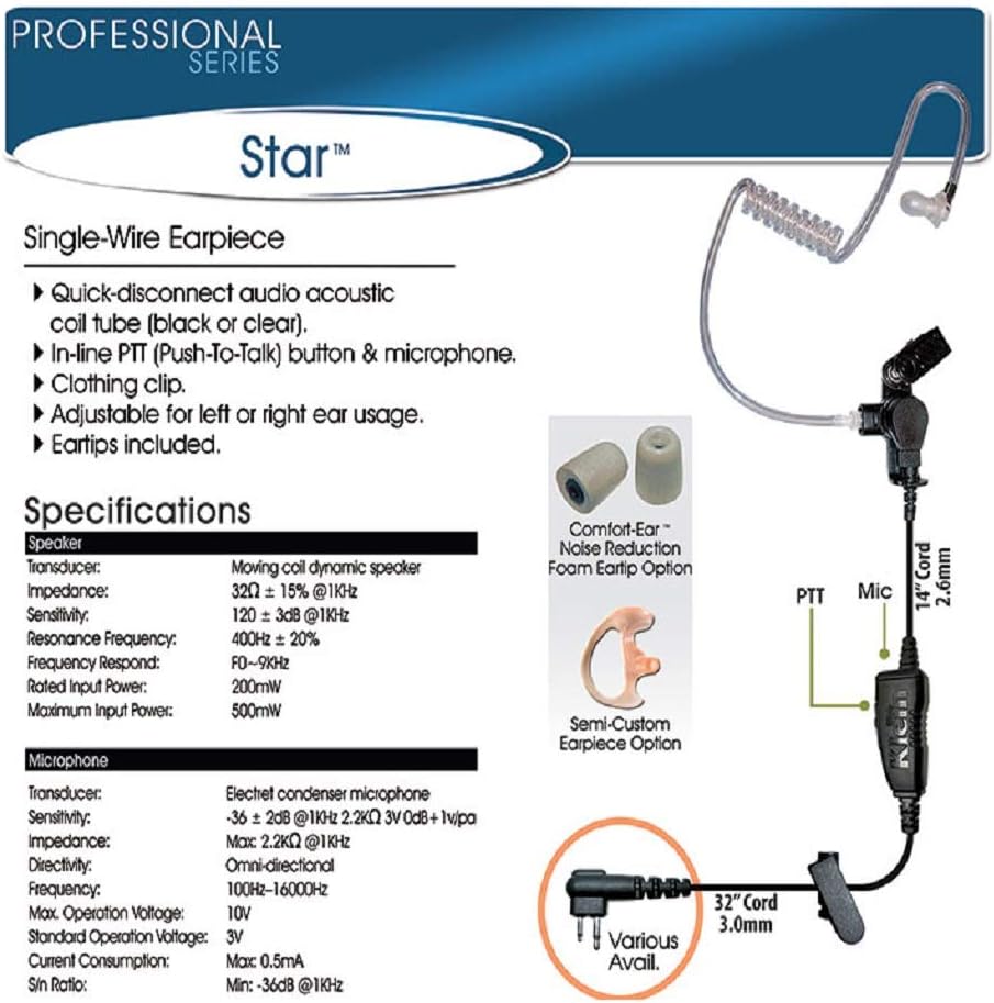 Klein Electronics Star K2 Single-Wire Earpiece with Surveillance Style Acoustic Tube for Kenwood Compatible Models (Works with K2 Connector pin) | Clear Quick-Disconnect Audio Tube and Clothing Clip