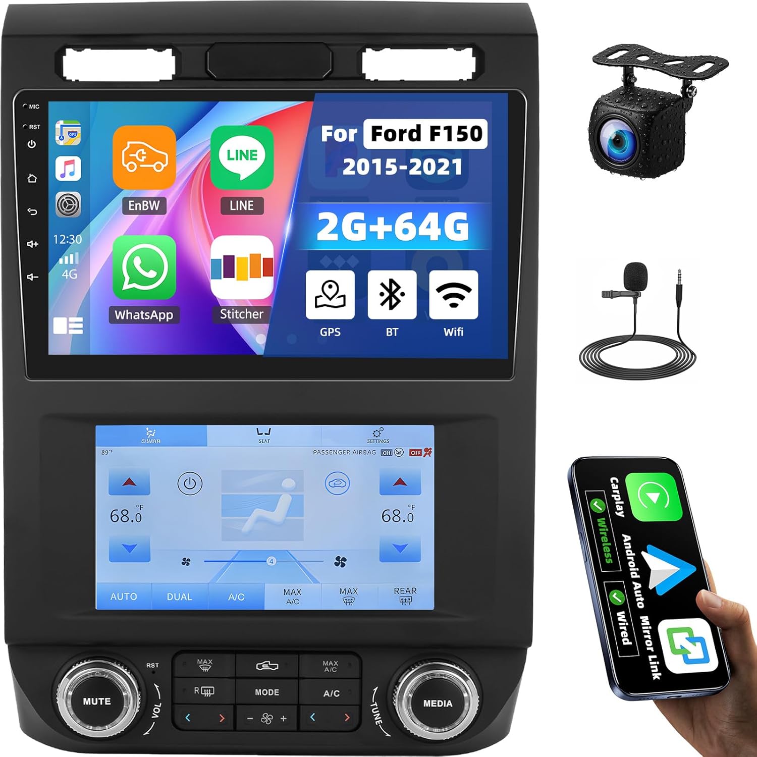 2G+64G Car Radio for Ford F150 2015-2021 with Wireless Carplay Android Auto,9” Touchscreen Android 13 Ford F150 Car Stereo with Mirror Link WiFi/GPS Navigation Bluetooth FM/RDS SWC+AHD Rear Camera