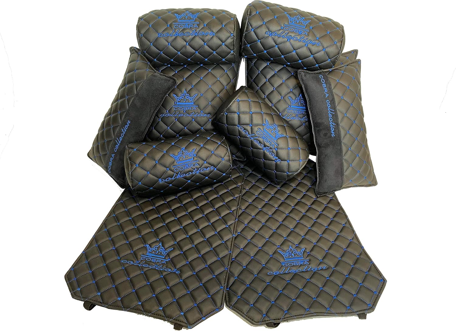 Cobra Auto Accessories Black and Blue Diamond JDM VIP CAR Interior Seat Back and Neck Pillows Set (10 Pieces)