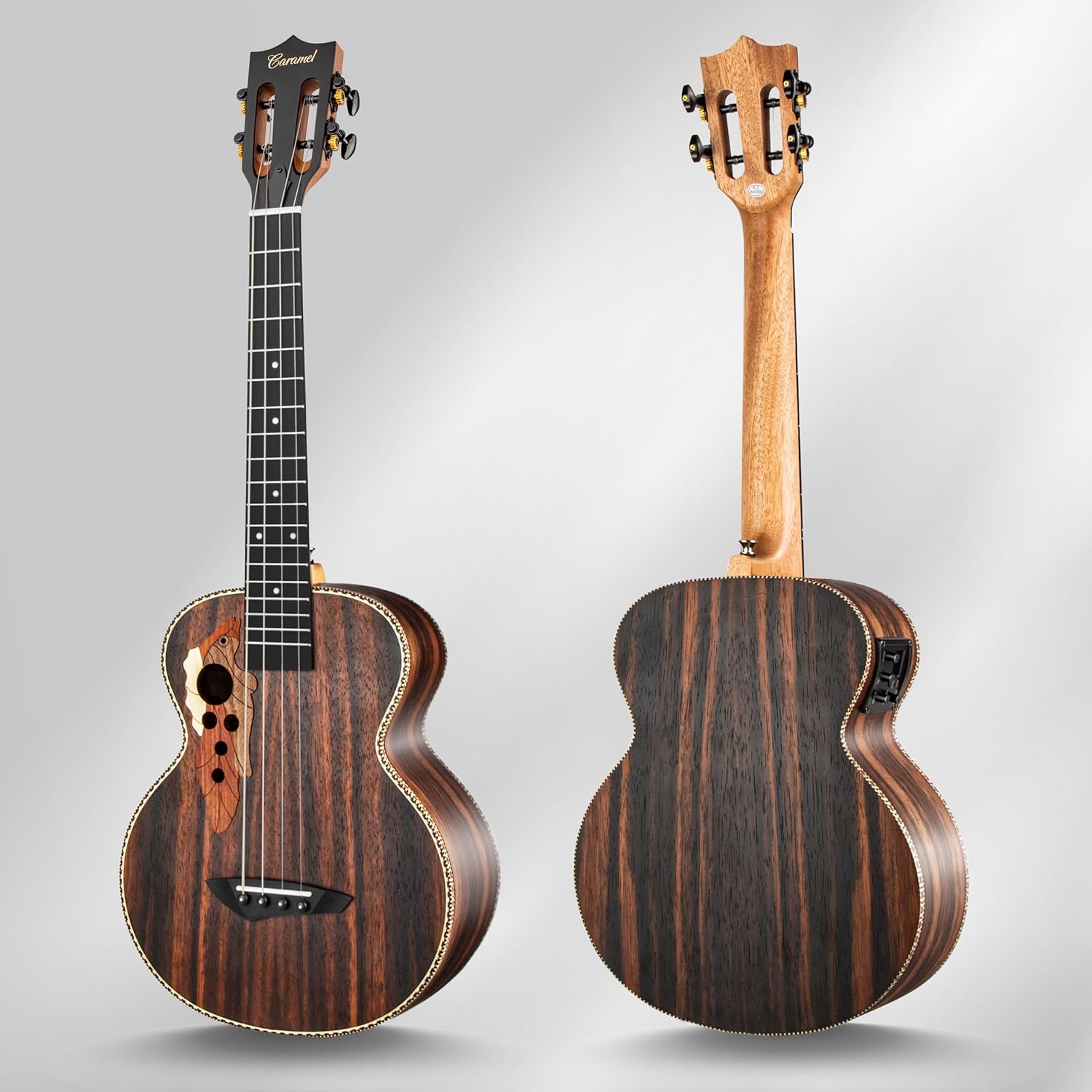 Caramel Ebony Wood Baritone Ukulele 30inch Wood LCD Color Display Electric Ukelele Kit Hawaiian Beginner Guitar Starter Pack Bundle Gig bag, Strap, Strings Set