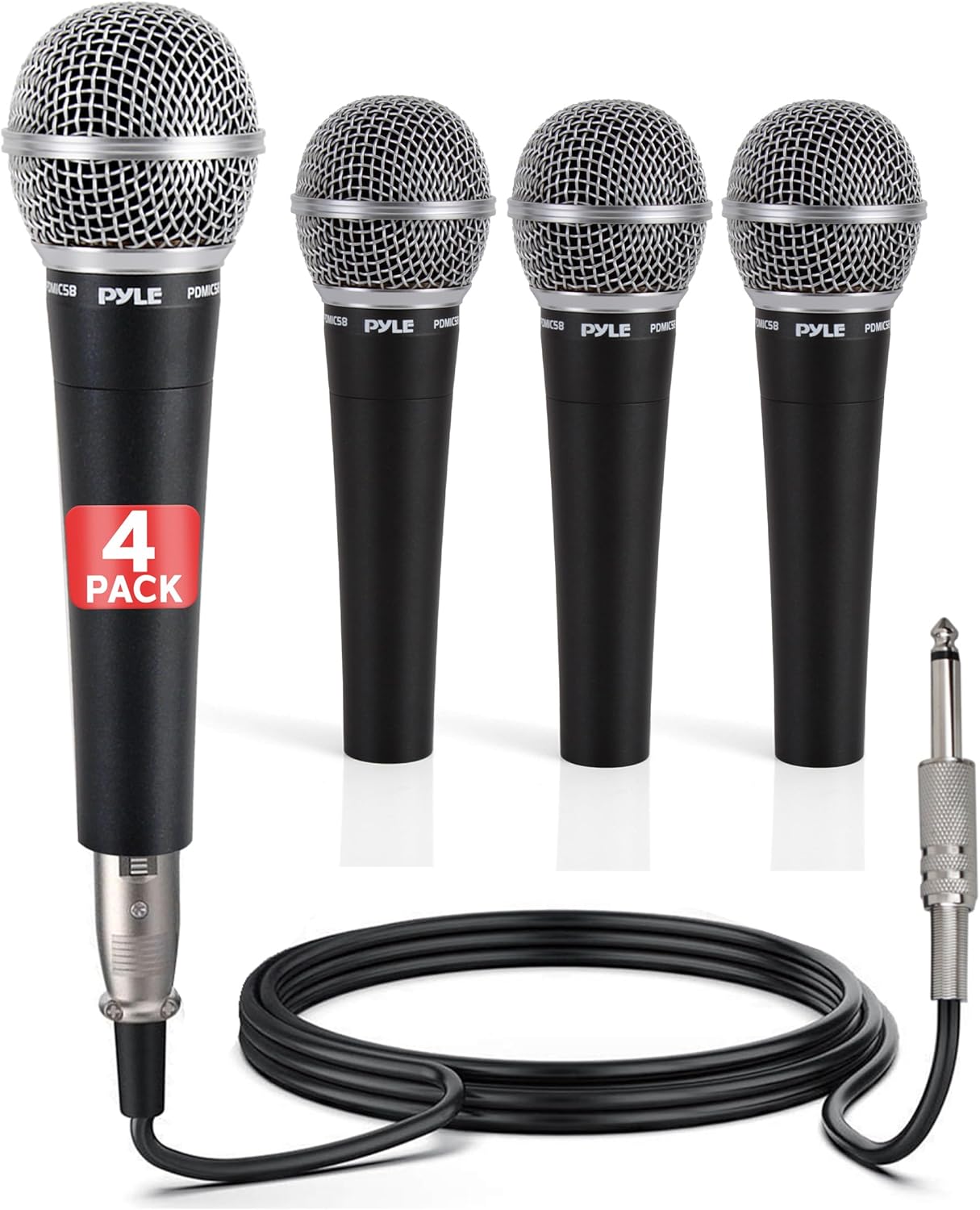 Pyle Professional Dynamic Microphone - 4-Pack Unidirectional Handheld Mic with Built-in Pop Filter, High Signal Output, 15 ft. XLR Audio Cable, Ideal for Stage, Karaoke & Studio Performances