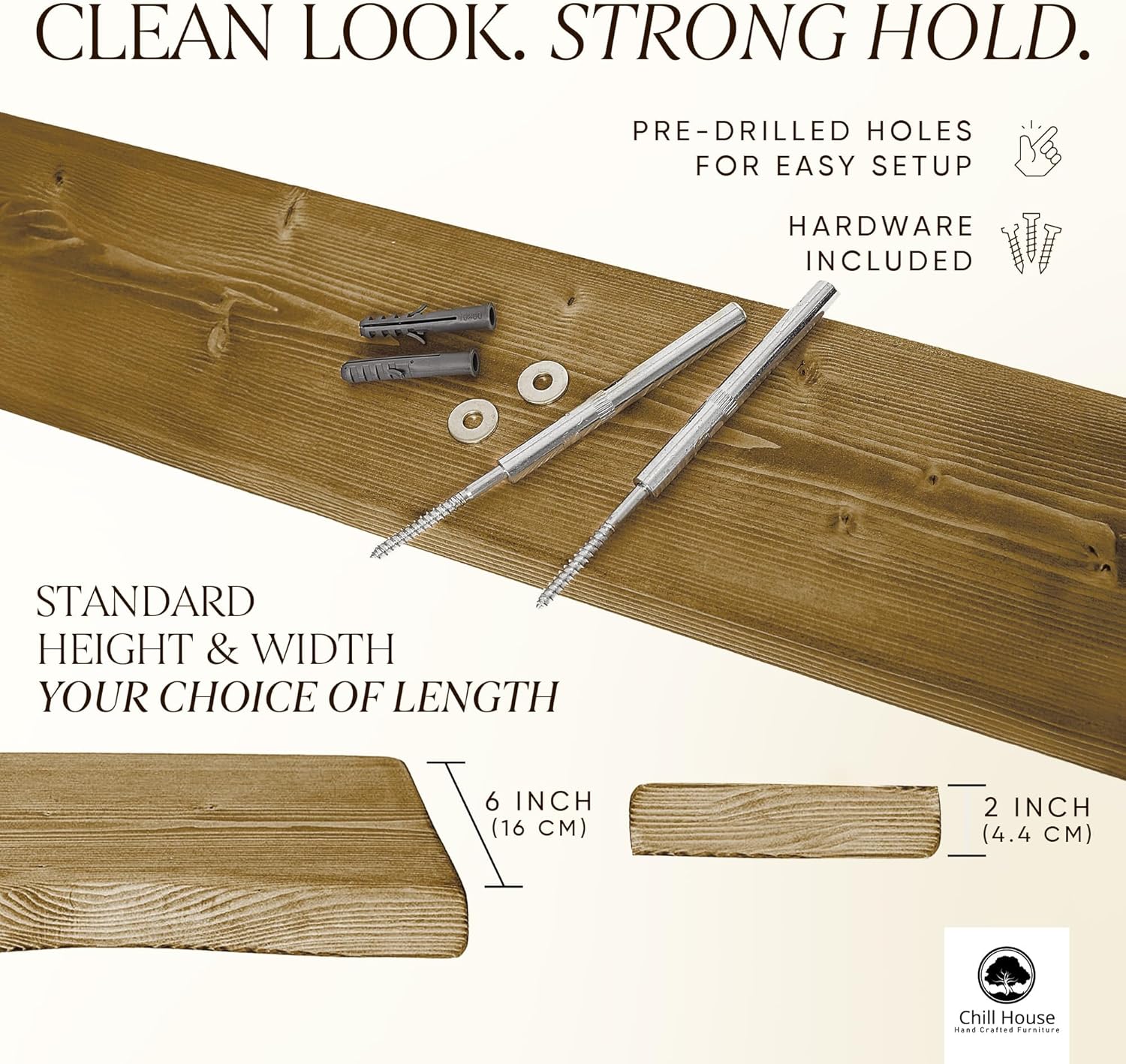 Live Edge Chunky Rustic Floating Shelf 6x2, Tudor Oak, 16in