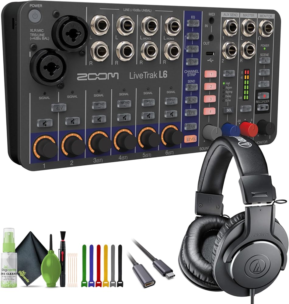 Zoom LiveTrak L-6 Portable 6-Channel Digital Mixer and Multitrack Recorder + Audio-Technica ATH-M20x Professional Studio Monitor Headphones, Black + Cleaning kit + USB C to Male USB C Cable