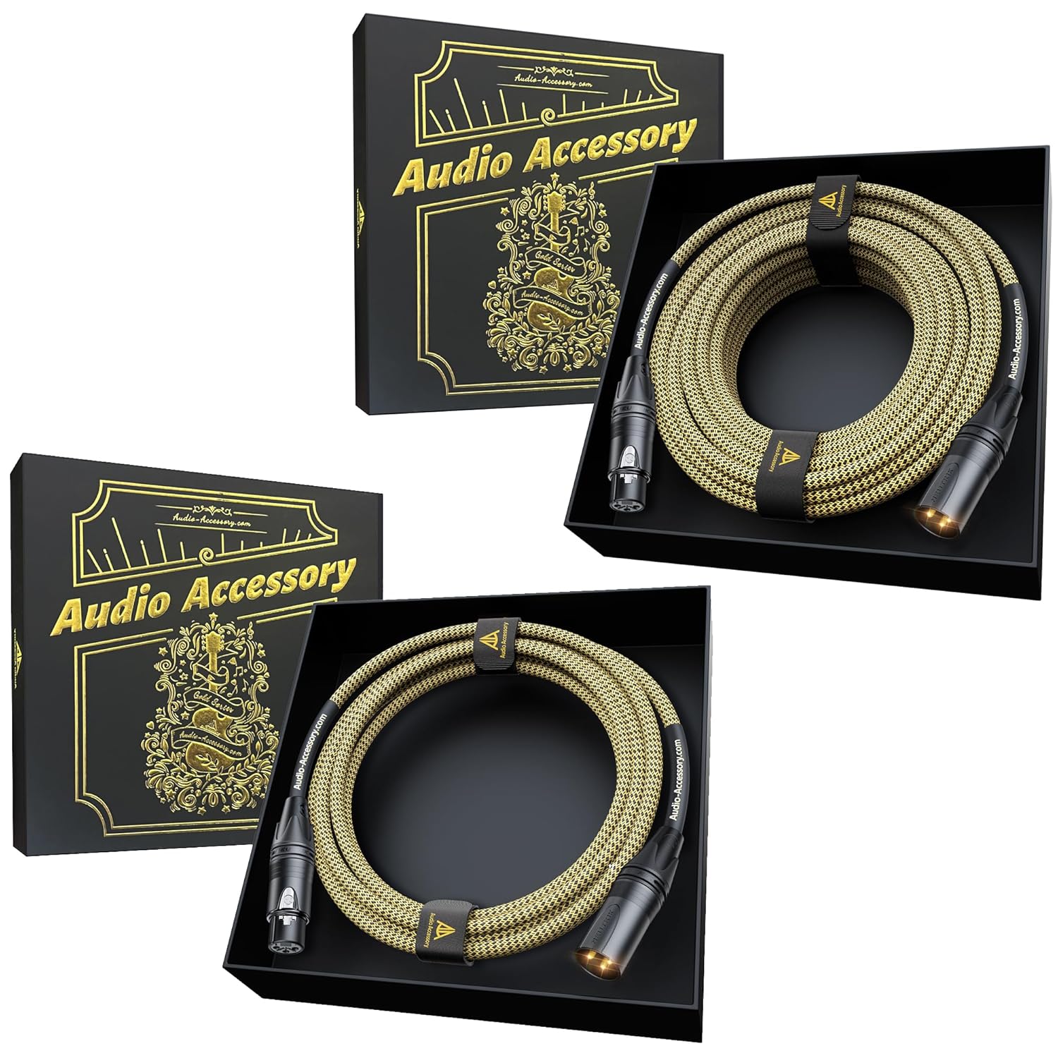 Gold Series Star Quad XLR Cables 2 Pack (10ft+25ft), Neutrik Connectors, 19AWG Microphone Cable, Kevlar-Reinforced Nylon Braided Handmade Mic Cable, 100% Coverage OFC Braid and Al-Foil Shielding