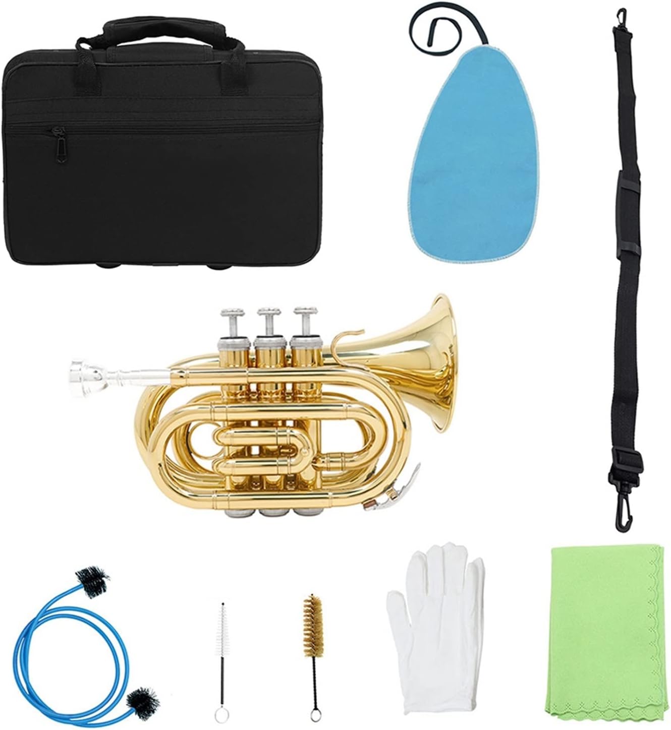 TSTS Mini Pocket Trumpet Bb Flat Brass Wind Instrument with Carrying Case Gloves Mouthpiece Cleaning Cloth Kit Pocket Trumpet Beginners