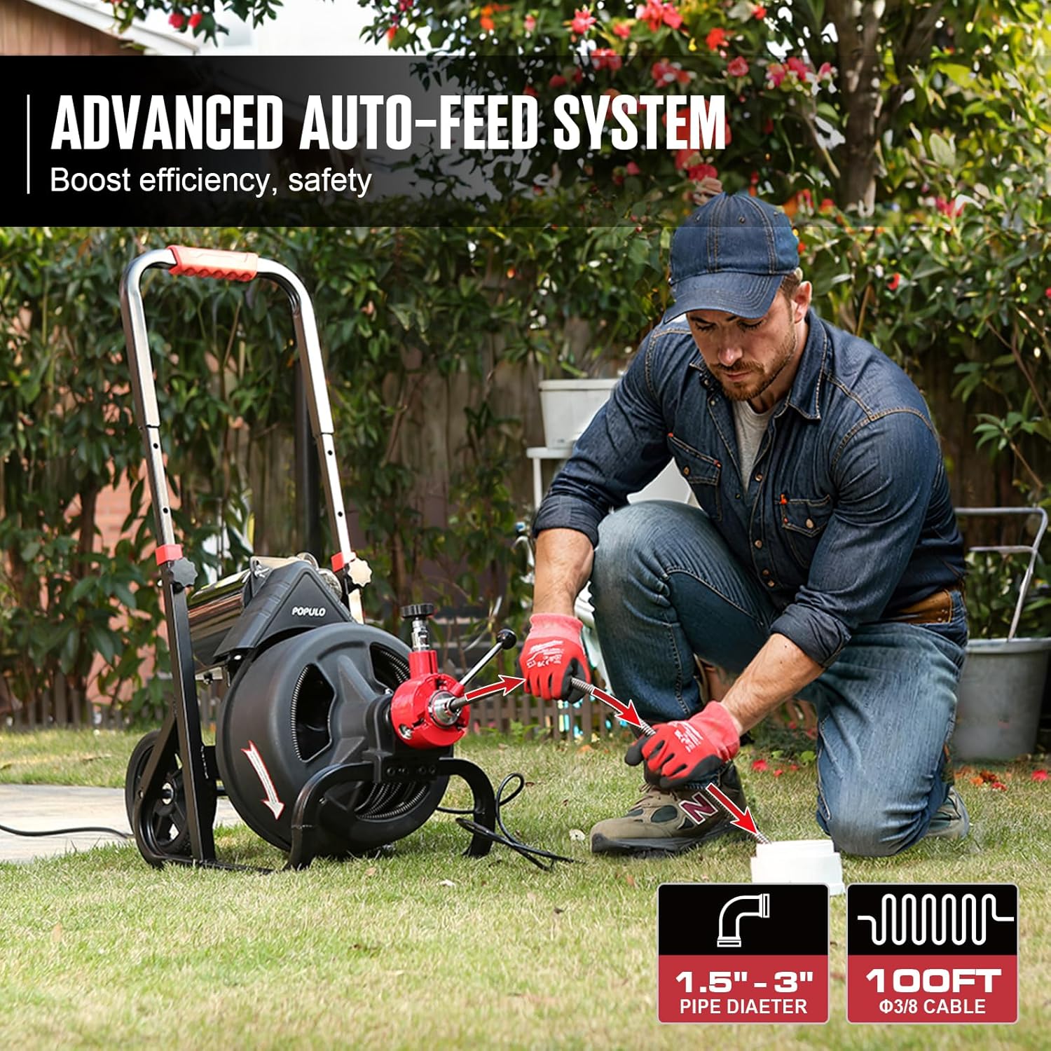 POPULO Drain Cleaner Machine 100Ft x 3/8 Inch, Auto feed Sewer Snake Auger on Wheels, Electric Drain Auger Professional for 1.5 to 3 Inch Pipes & Foot Switch with 8 Cutters