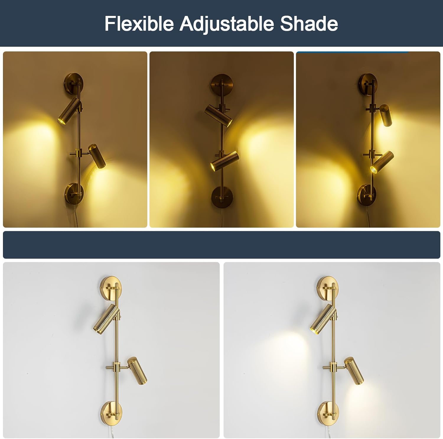 Gold Plug in Wall Sconces, 3 Lights Wall Mount Lamp with Rotatable Shade 3000K Warm White Wall Light for Bedroom Living Room Picture Light (Bulb Included)