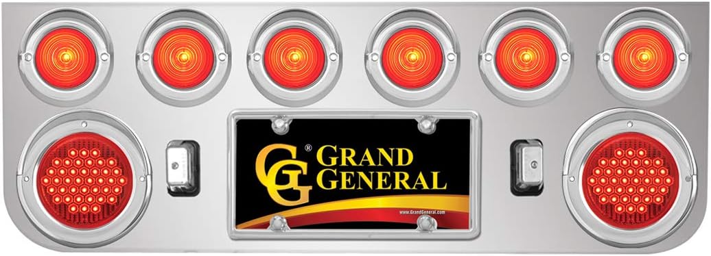 GG Grand General 91703 Plated Rear Panel with 2 4 inches and 6 2-1/2 inches Red LED Beehive Light and Chrome Plastic Rim with Visor