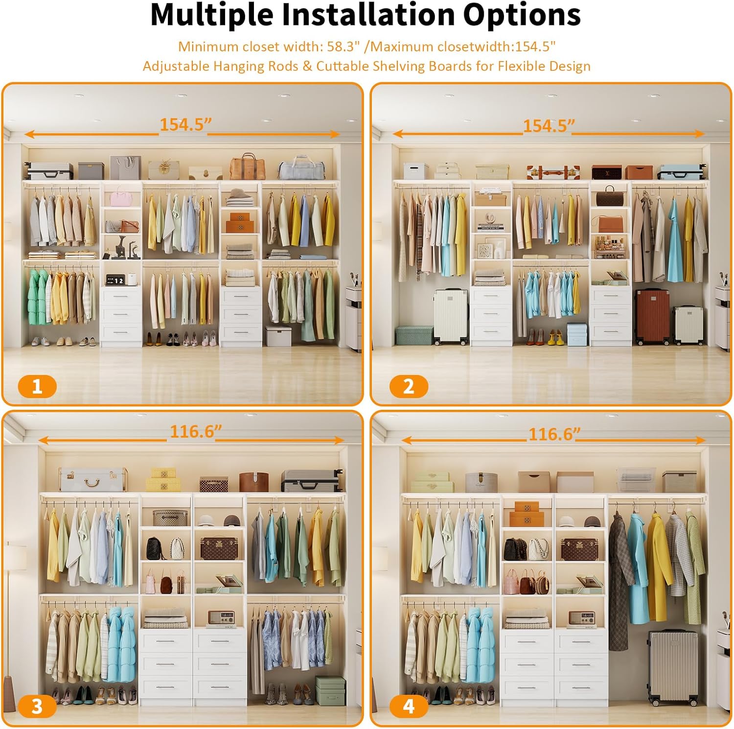 Closet System with Drawers, 8FT-12FT Closet Organizer System 96