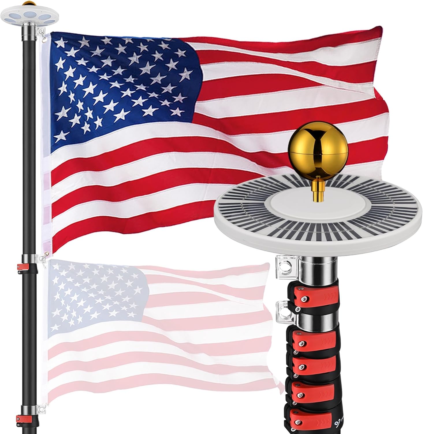 Yescom EZ GO 20ft LED Solar Light Telescoping Flag Pole Kit Upgrade Rotating Lock Aluminum Flagpole Set for Outside House Inground Outdoor Camper RV Tailgate with 3x5' US Flag Ball Top, Black