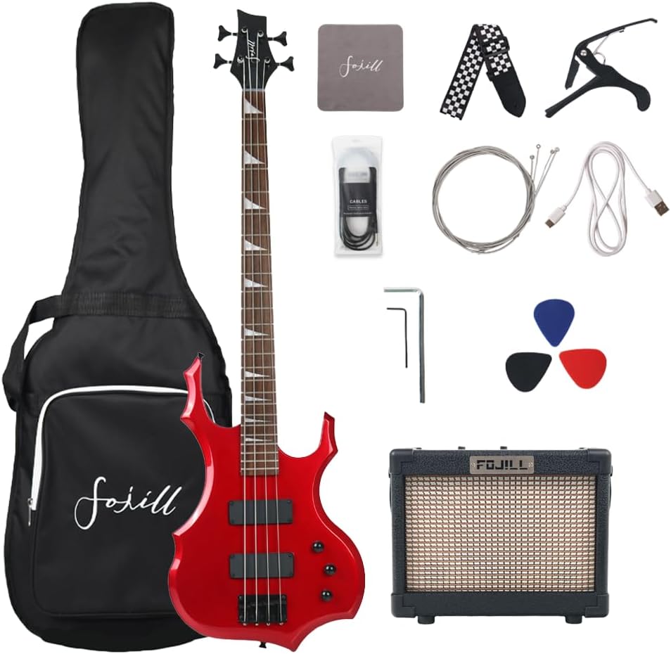 Fojill Cool Full Size 4 Four String Electric Bass Guitar 10W Battery Power Bluetooth Amplifier Amp Beginner Starter Kit Set Combo Bundle Package Accessory Bag,Picks,Capo,Cable,Strings(Metallic Red)