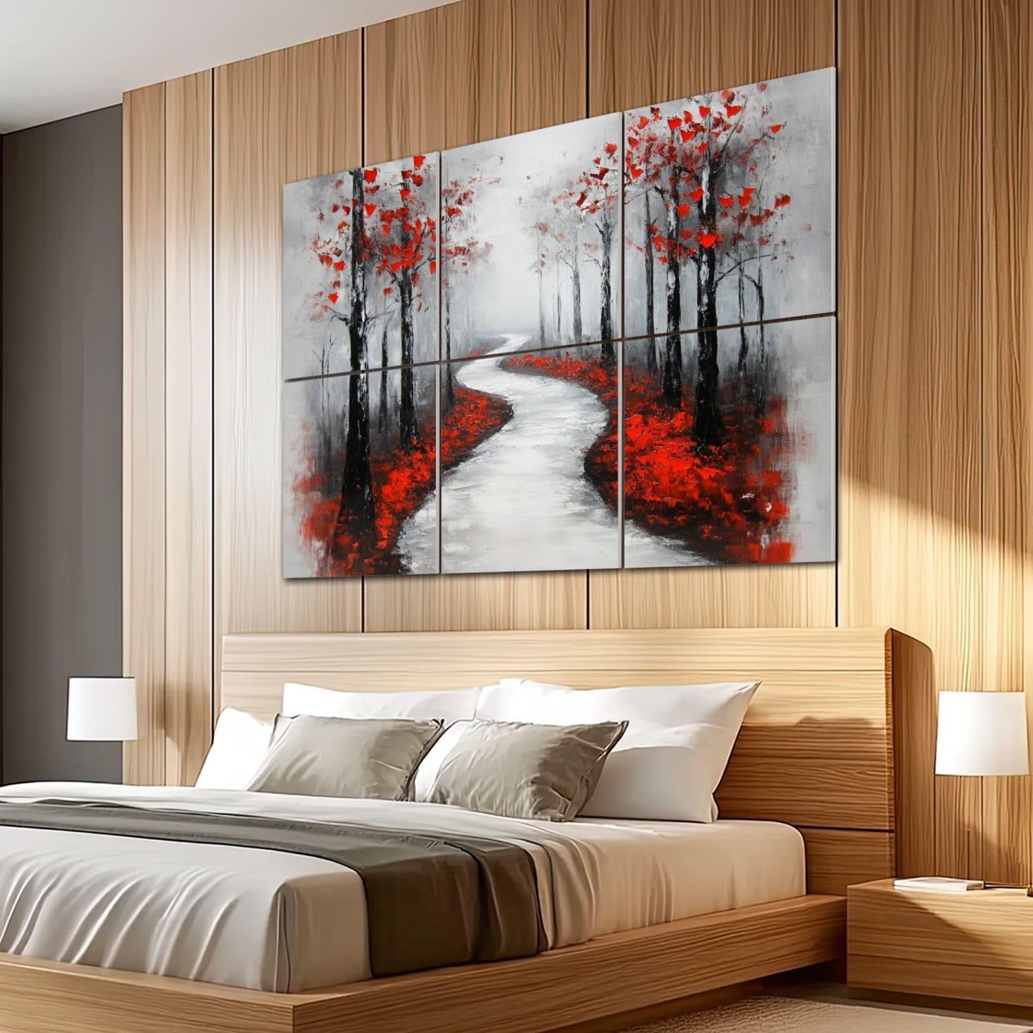 6 Pack Art Acoustic Panels Sound Absorbing Snowy Road 3D Hand Abstract Artwork Winding Bare Trees Red Leaves Decorative Soundproof Wall Panels Self Adhesive for Recording Studios Office 72