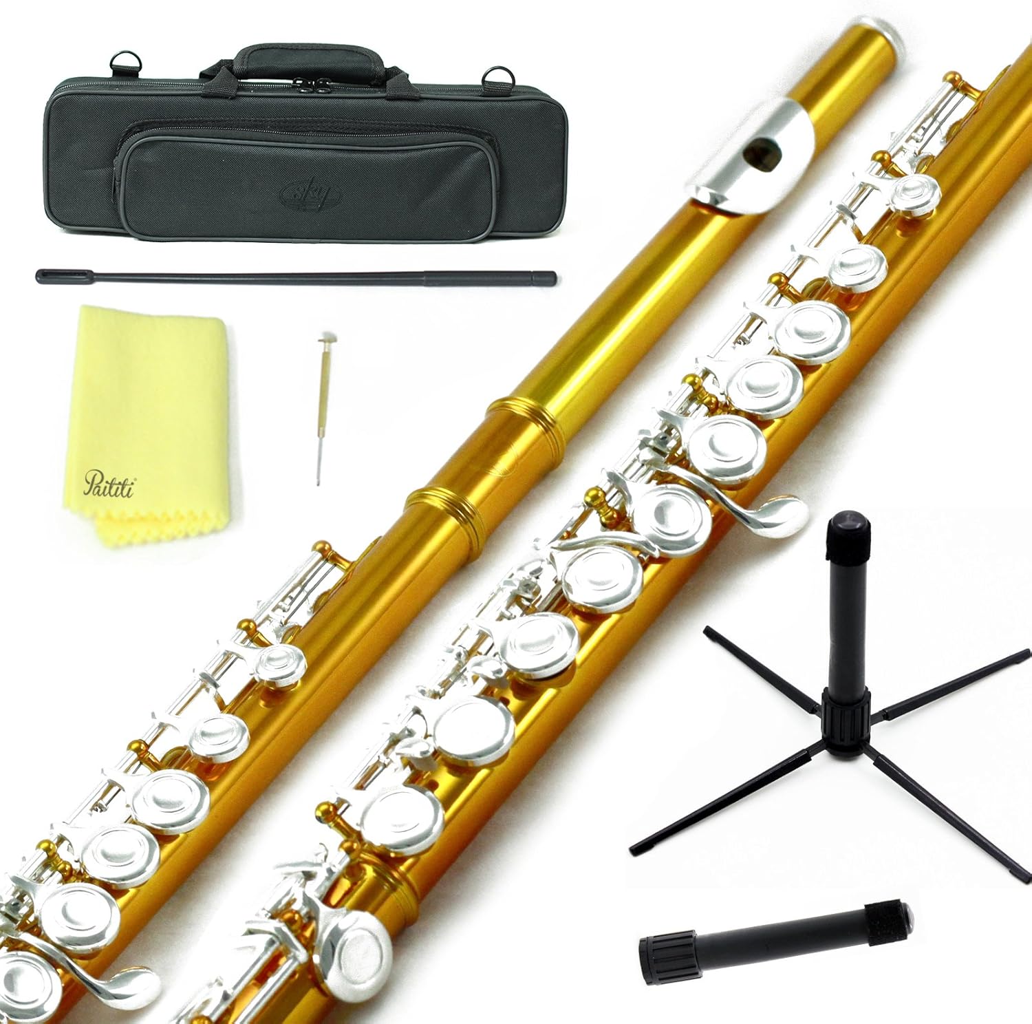 Sky C Flute with Lightweight Case, Cleaning Rod, Cloth, Joint Grease and Screw Driver - Yellow/Silver Closed Hole