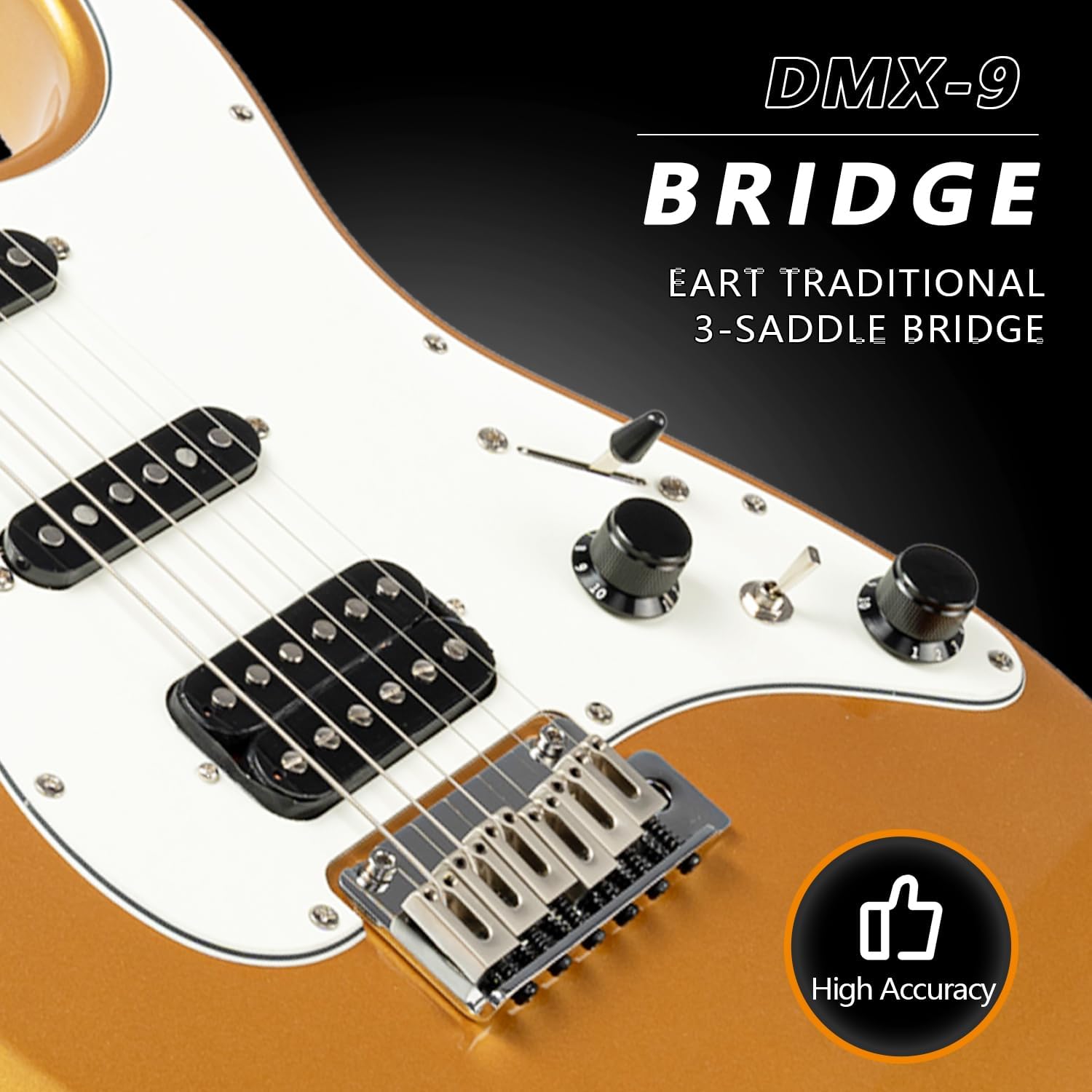 EART Electric Guitar DMX-9, 6 String Tremolo Bridge, Humbucker Pickups, Solid Body, 5-Way Switch Guitars (Gold)