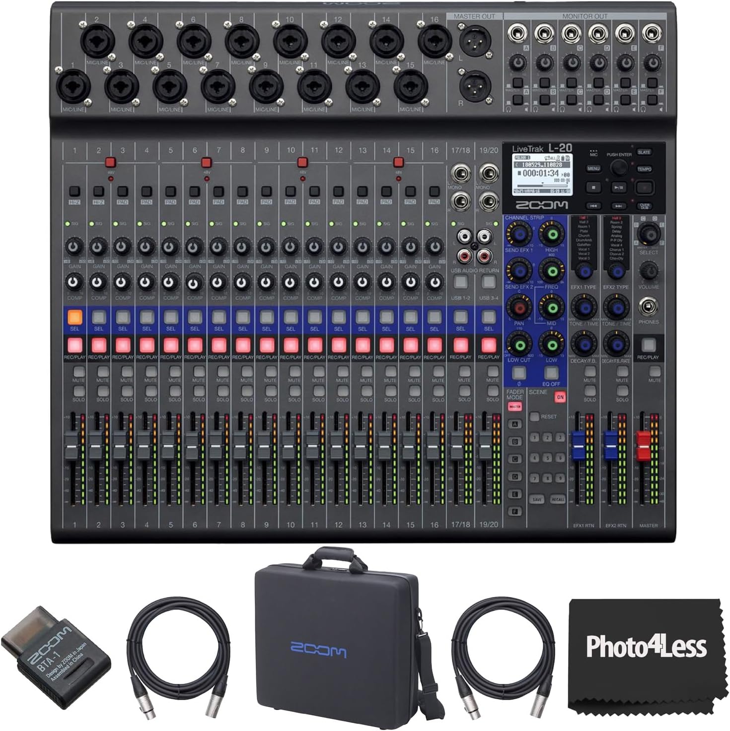 Zoom LiveTrak L-20 20 Input Digital Mixer and Multitrack Recorder Bundle with Carrying Bag, Bluetooth adapter, 2X XLR Cable 10ft