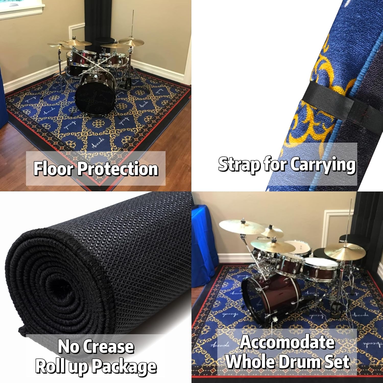 Aucuda Blue Drum Rug 6x6.6 ft Drum Mat Outdoor, Tightly Woven Fabric Cool Drum Set Carpet with Non-Slip Grip Bottom, Electric Drum Accessories for Studio, Apartment, Soundproof, Guitar, No Crease.