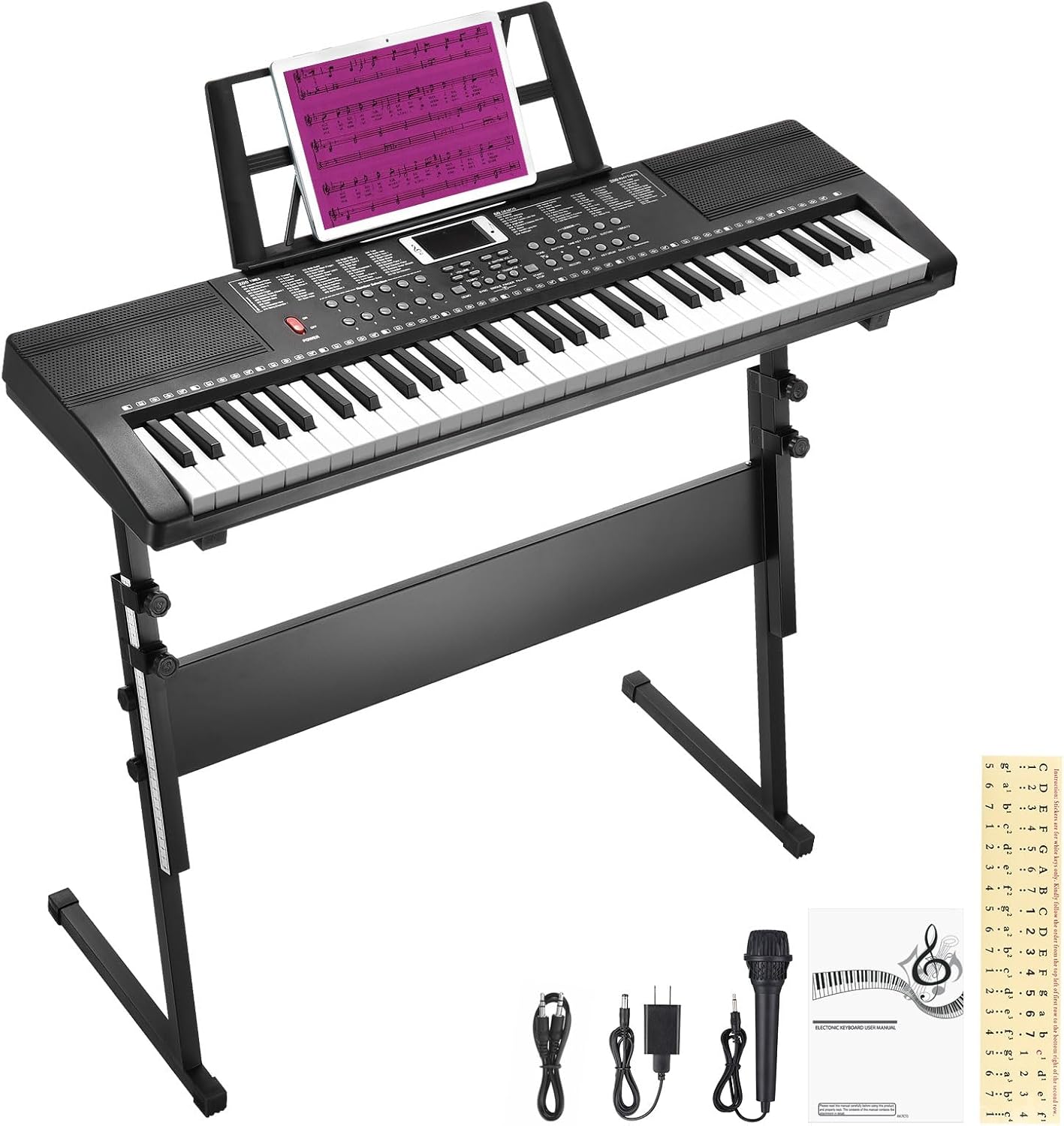 RIVVTA 61 Key Keyboard Piano with Stand for Beginners Portable Electronic Keyboard Piano Kit with 200 Tone 200 Rhythm 60 Demo Microphone Power Supply Sheet Music Stand Black(REK-10)