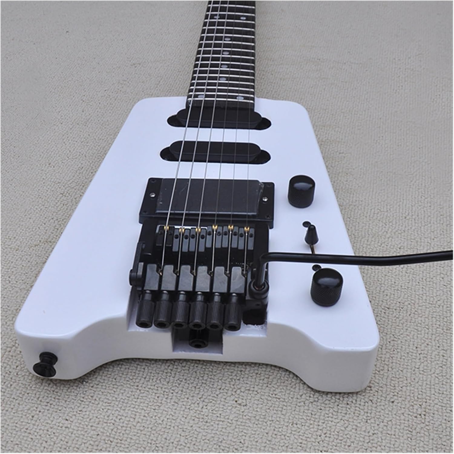 VENEKA Headless Electric Guitar 24 Frets 39 Inches White Headless Electric Guitar with Tremolo Bar Rosewood Fretboard