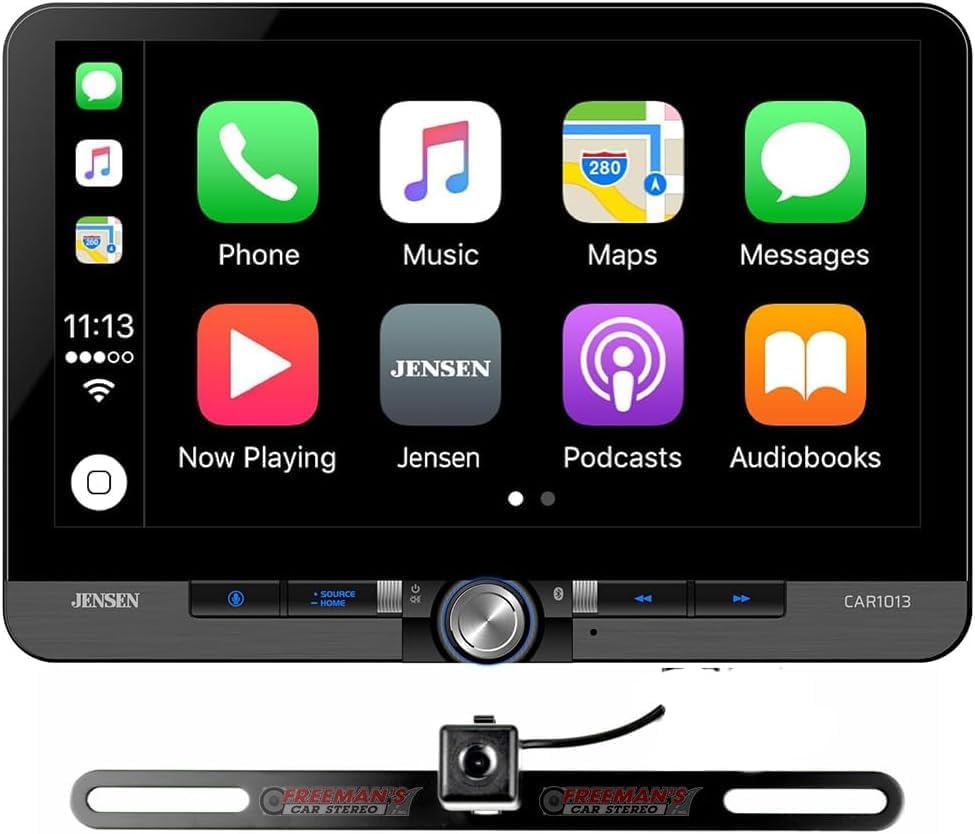 Jensen CAR1013-M 10.1-inch Certified Apple CarPlay Android Auto Wired or Wireless | Single DIN & Double DIN Touchscreen Car Stereo Radio | Bluetooth | Front & Rear Camera Inputs with BUCAM350 Camera