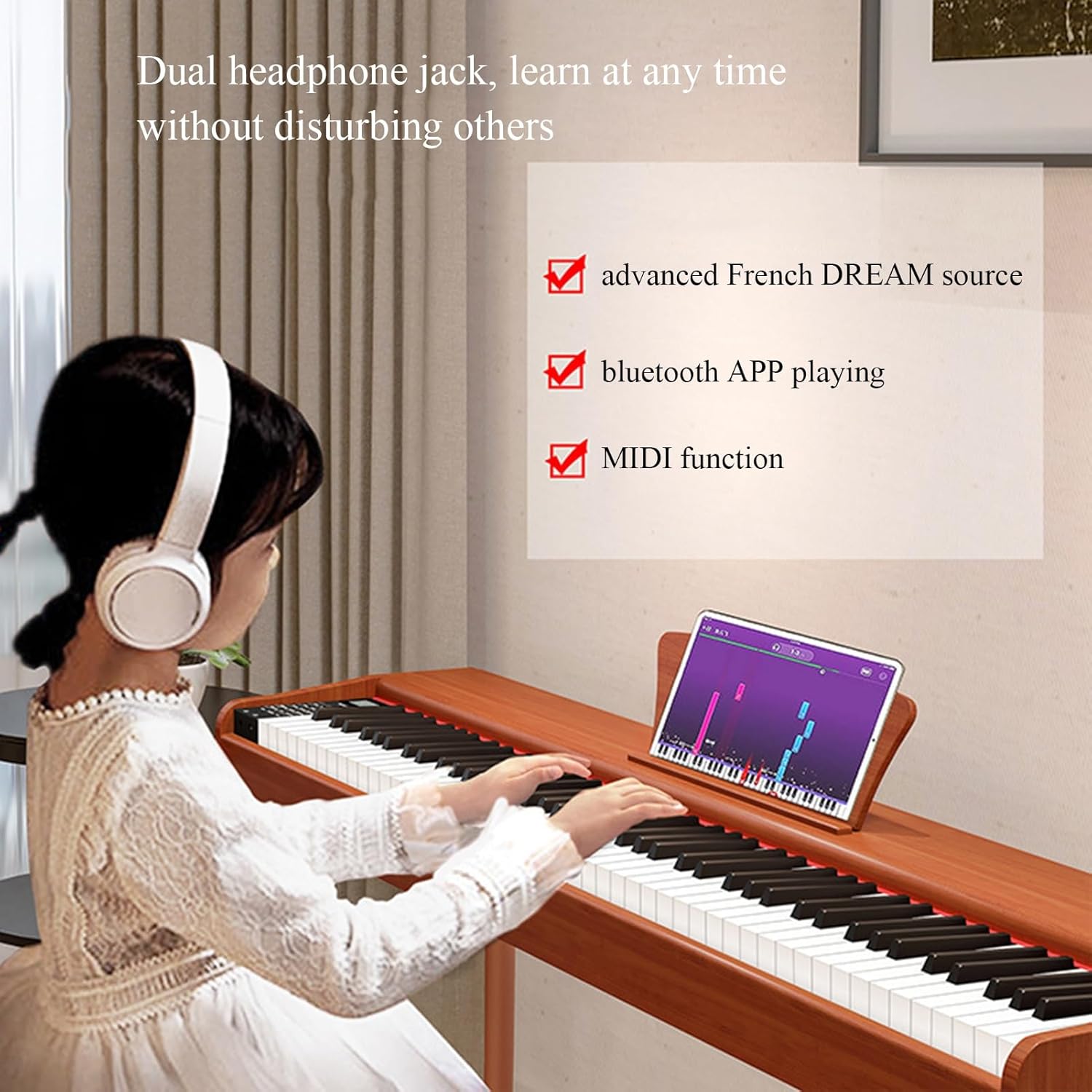 Digital Piano With 88 Hammer Action Weighted Keys Support USB-MIDI & Dual Headphones Electronic Piano For Beginners Professional With Music Stand, Pedal(Beige)