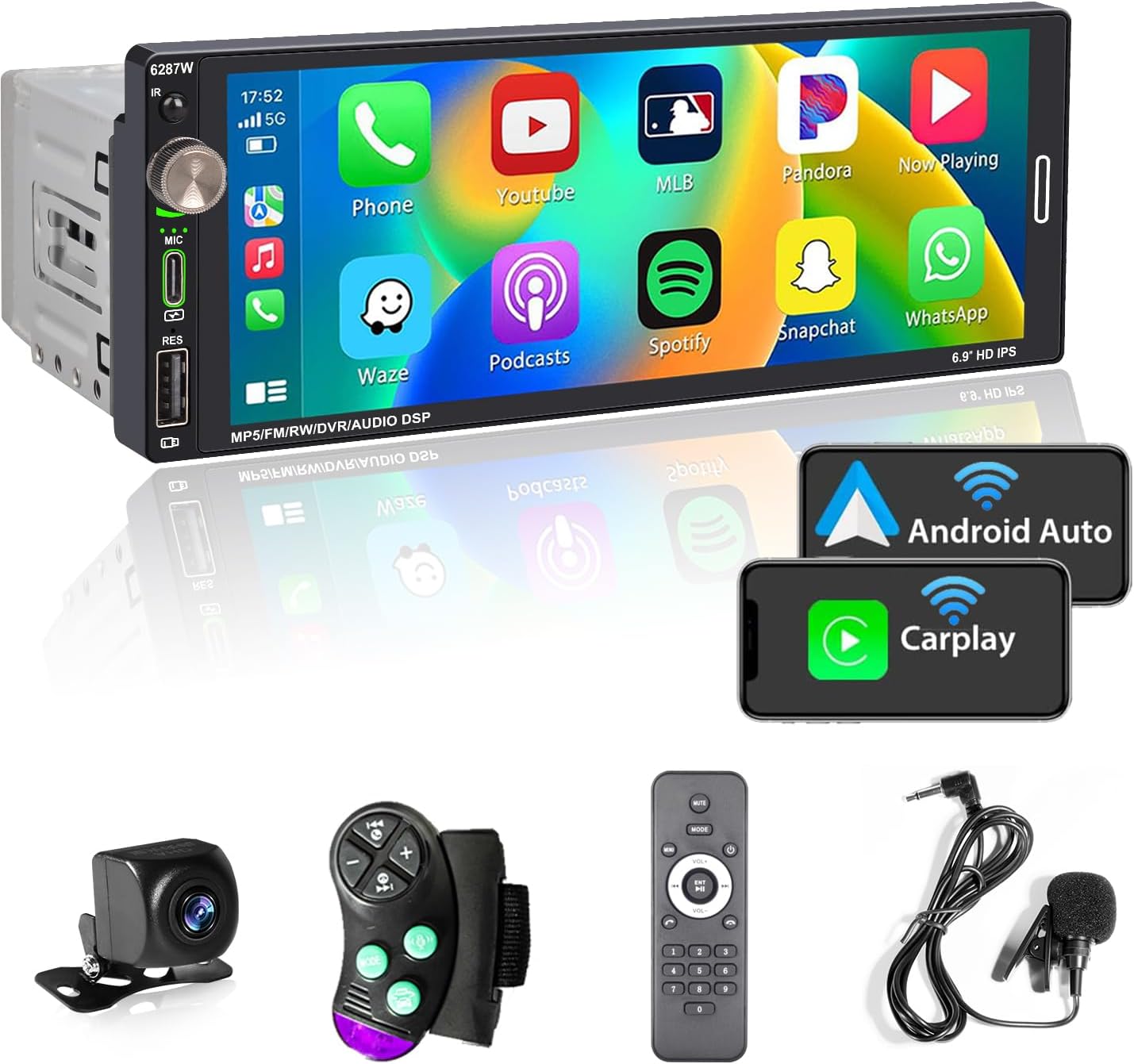 Single Din Car Touchscreen Radio (6.9-inch) Compatible with [Wireless] Apple CarPlay Android Auto Car Stereo Bluetooth USB (2.1A Type-C Fast Charge) Backup Camera RCA