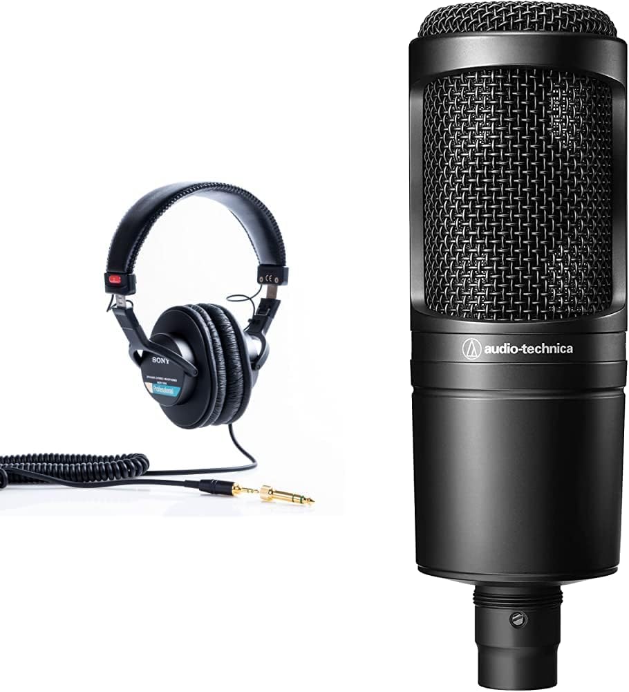 Sony MDR7506 Professional Large Diaphragm Headphone and Audio-Technica AT2020 Cardioid Condenser Studio XLR Microphone Bundle