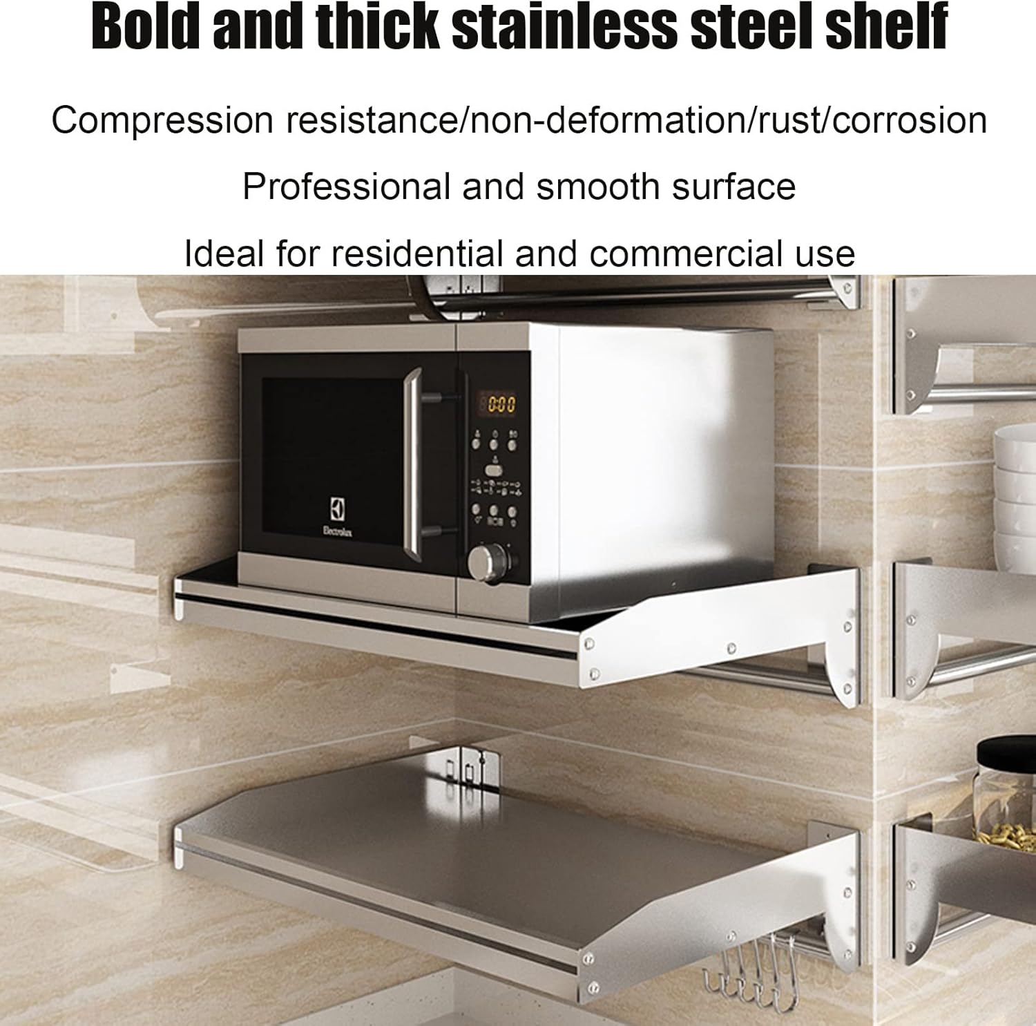 Stainless Steel Metal Shelving Microwave Oven Shelf, Wall Mount Multifunctional Shelving Stand Holder Kitchen Spice Rack, Bracket Bathroom Organizer Shower Caddy Storage, for Bar/Laundry/Garage
