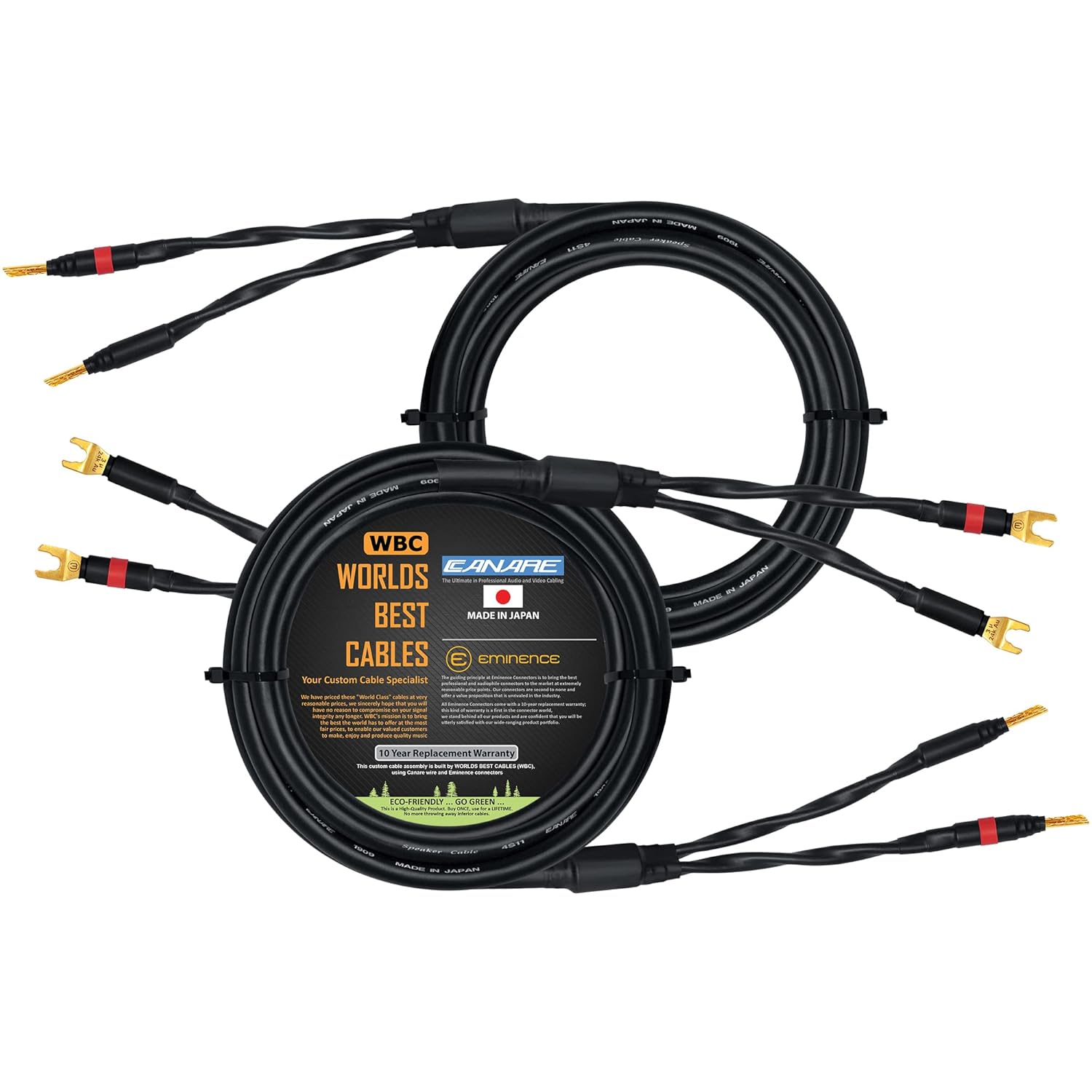 WORLDS BEST CABLES 12 Foot - Canare 4S11 – Audiophile Grade - HiFi Star-Quad Speaker Cable Pair with Eminence Gold Banana & Spade Connectors